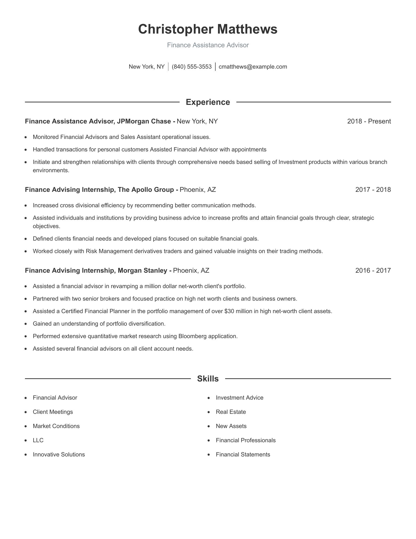 Finance Assistance Advisor resume example