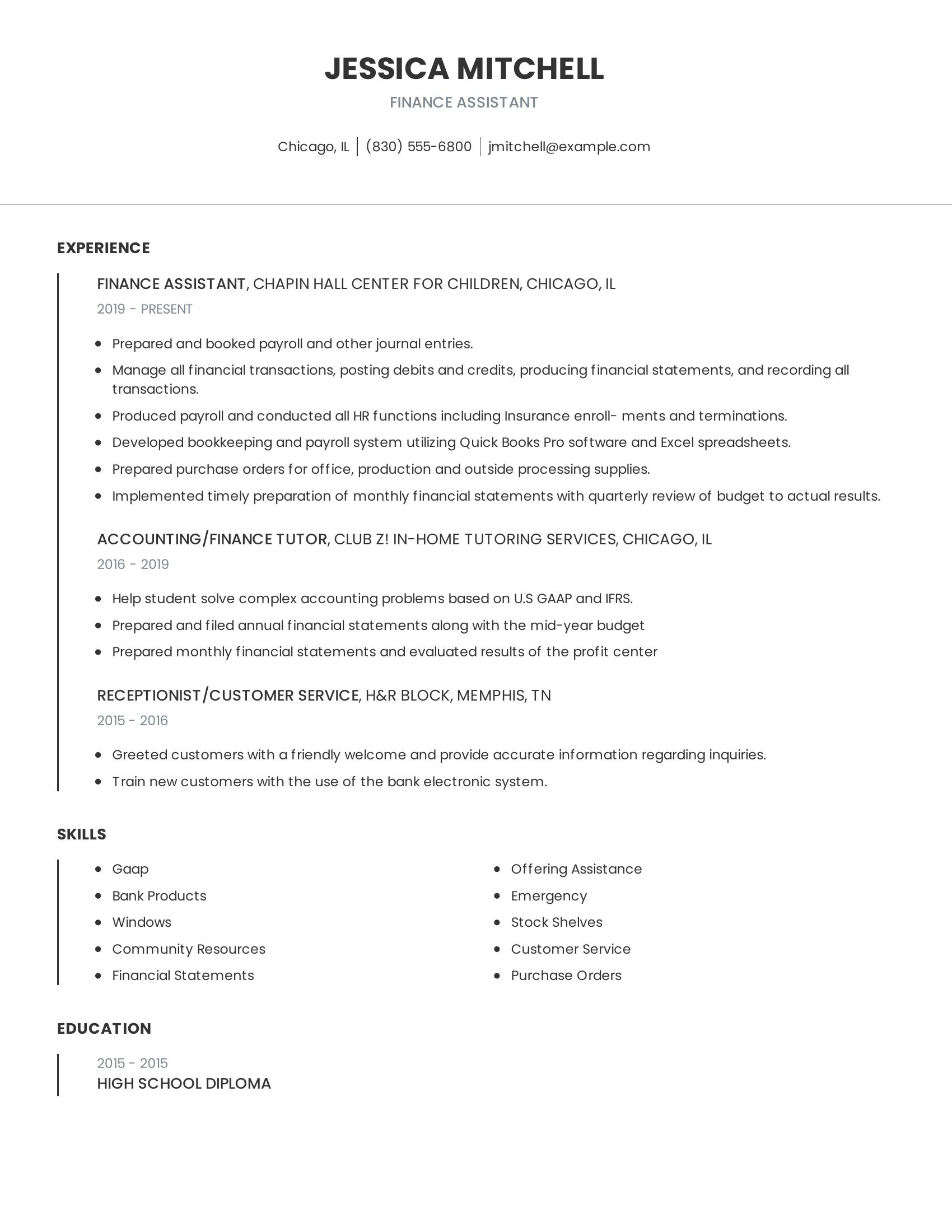 Finance Assistant resume example