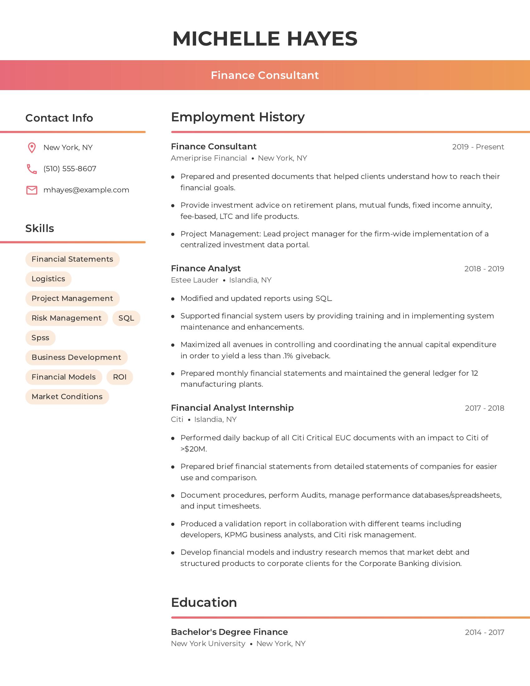 Finance Consultant resume example
