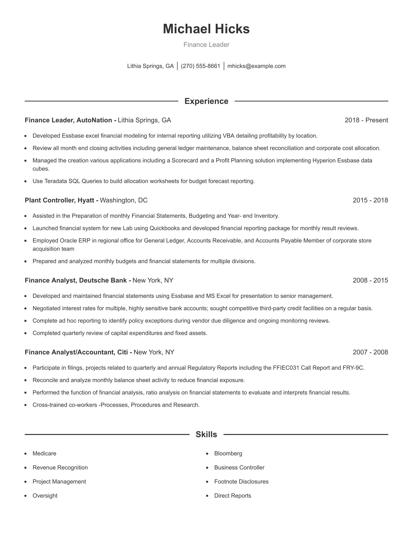 Finance Leader resume example