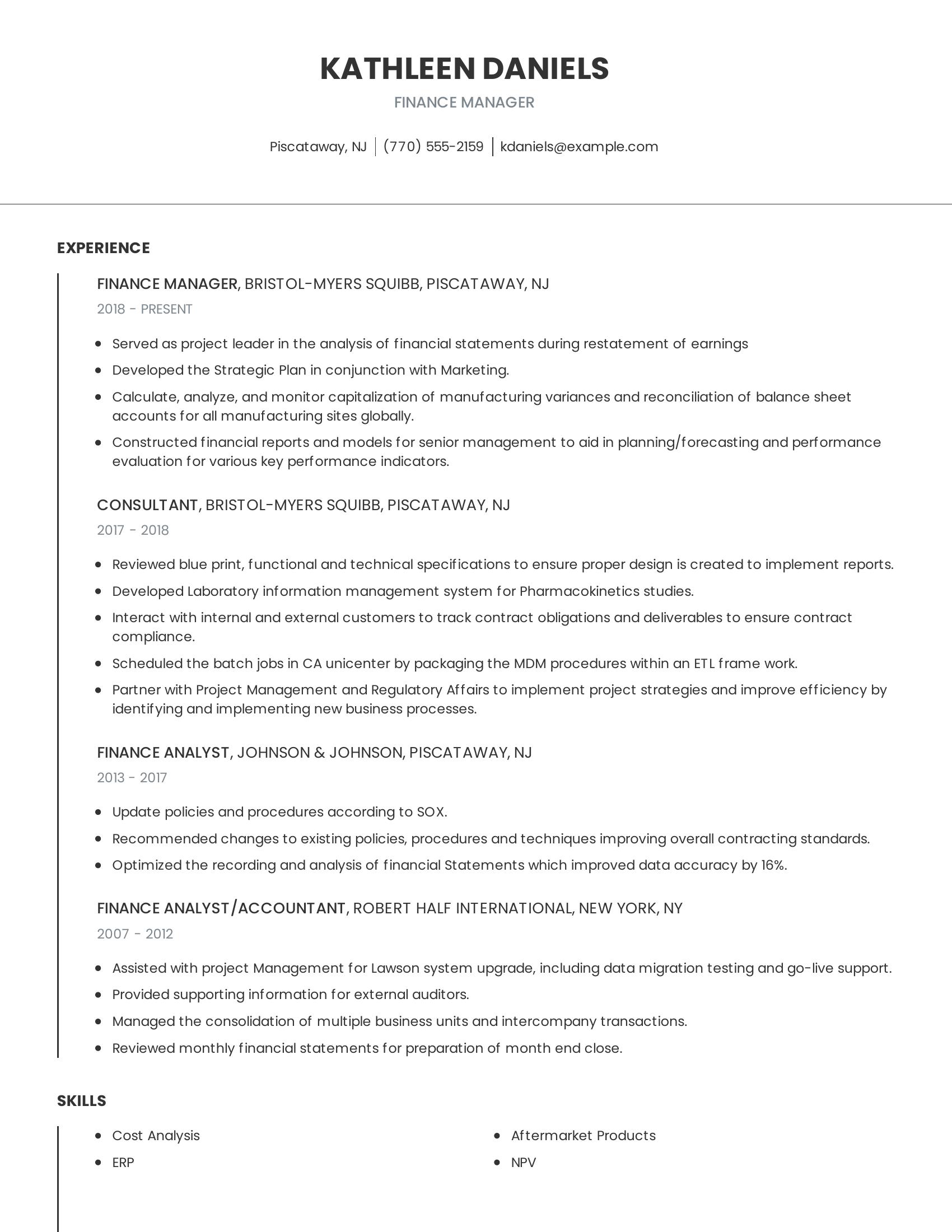 Finance Manager resume example