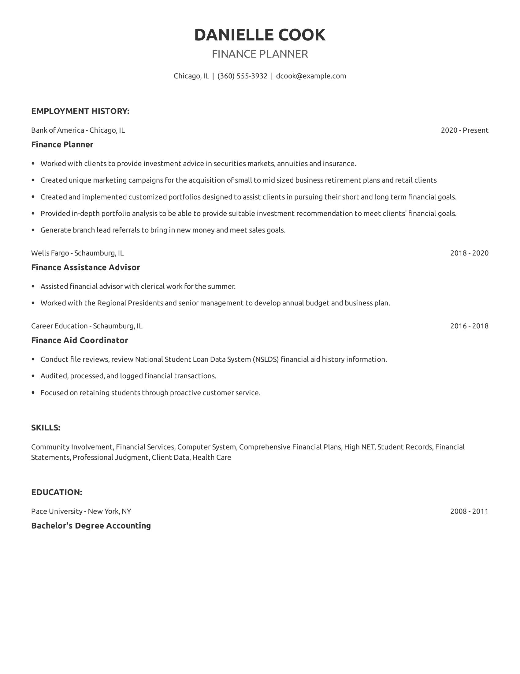 Finance Planner resume example