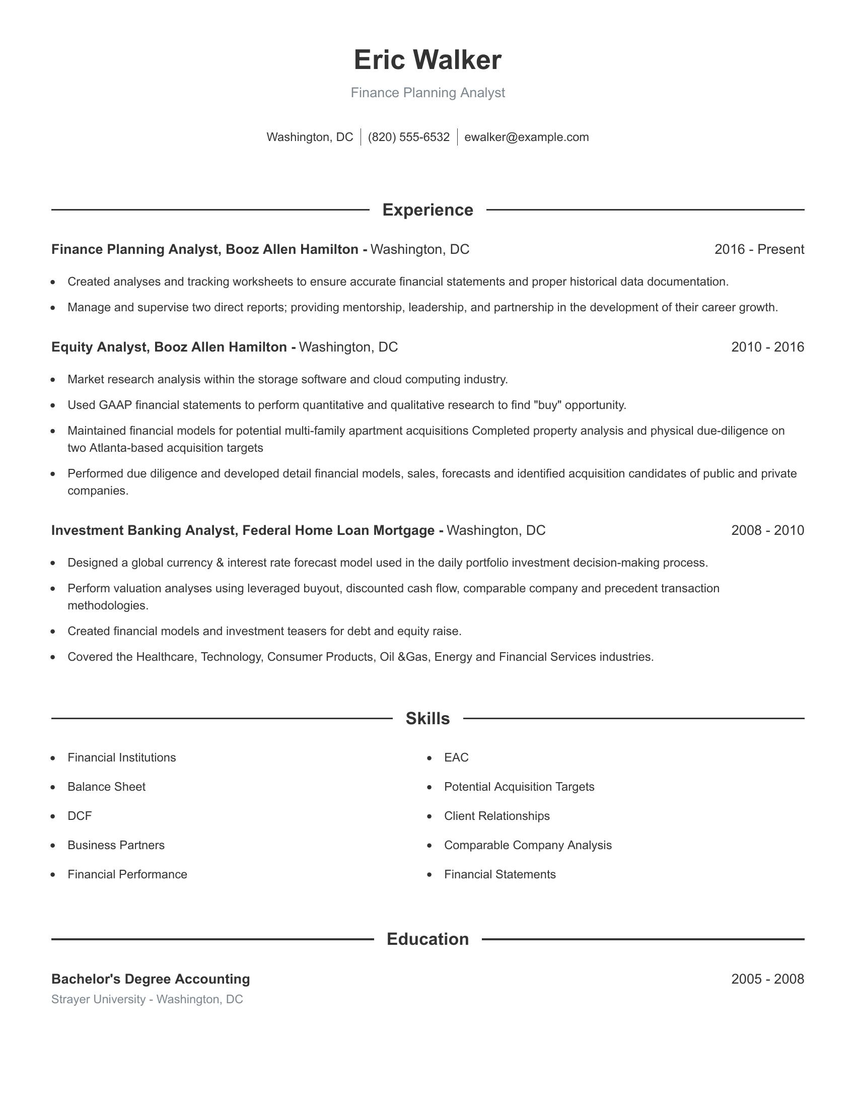 Finance Planning Analyst resume example