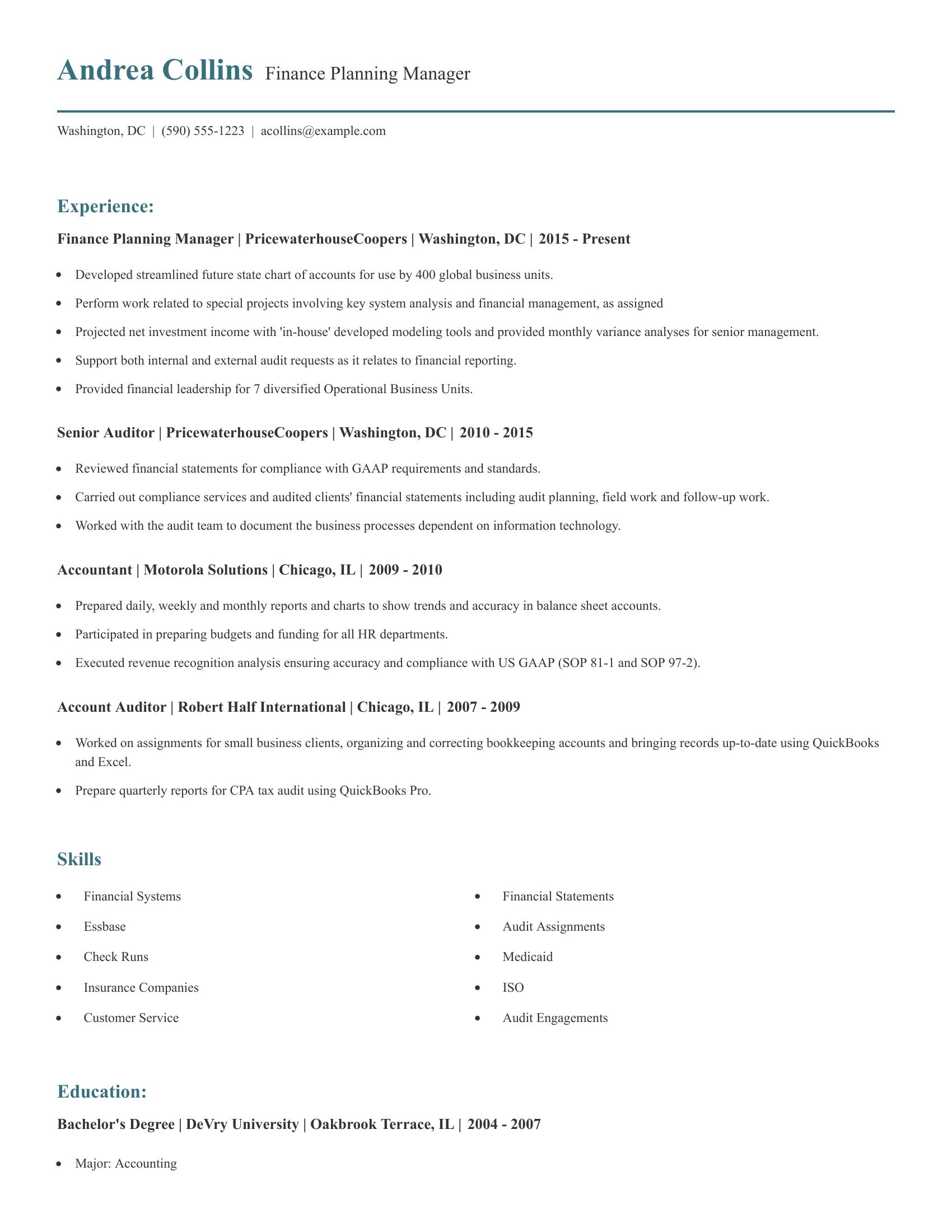 Finance Planning Manager resume example