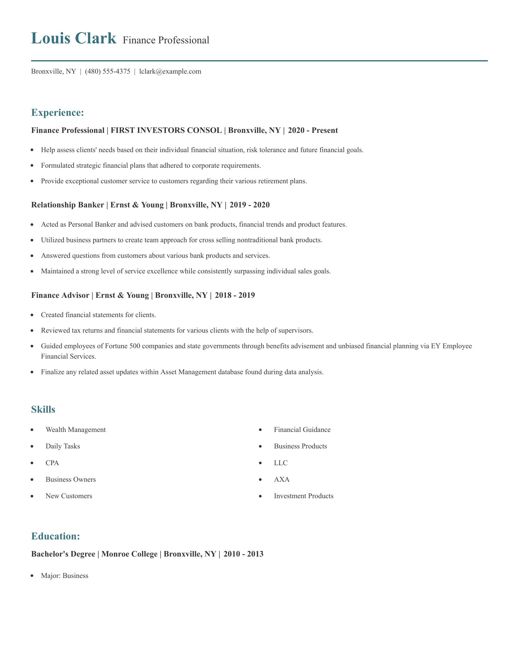 Finance Professional resume example