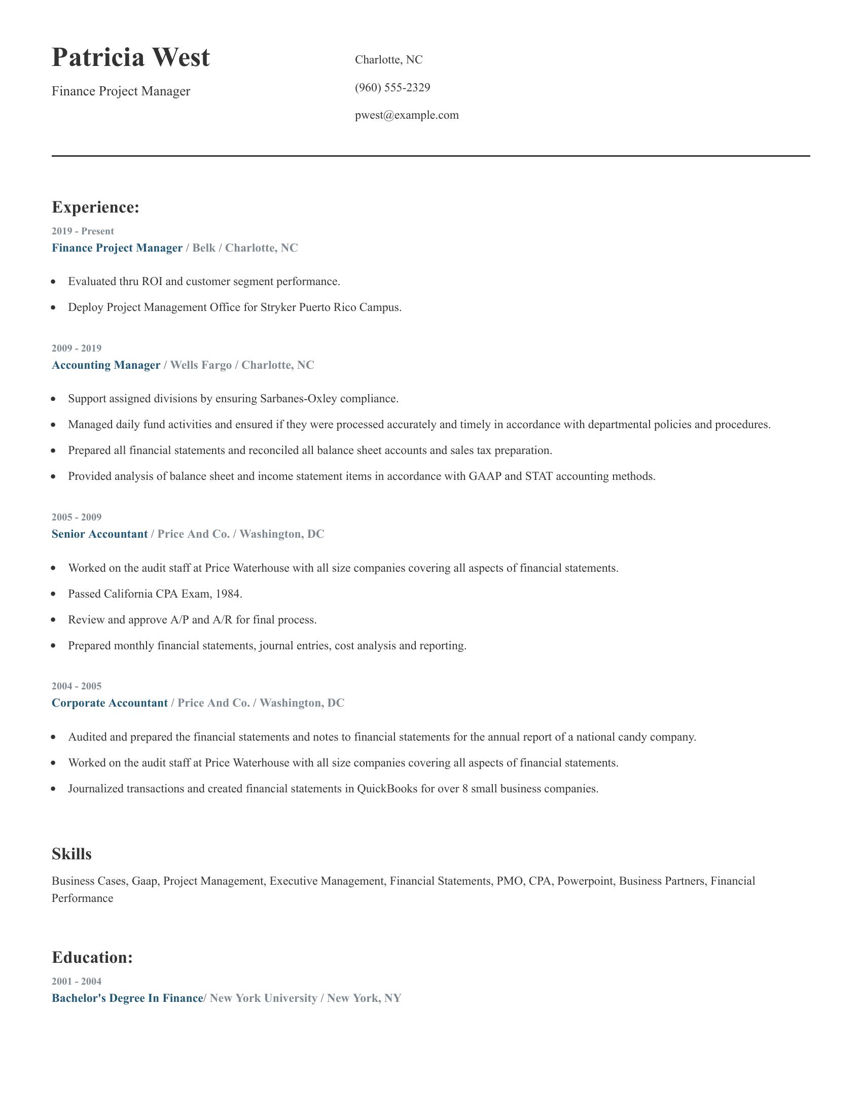 Finance Project Manager resume example