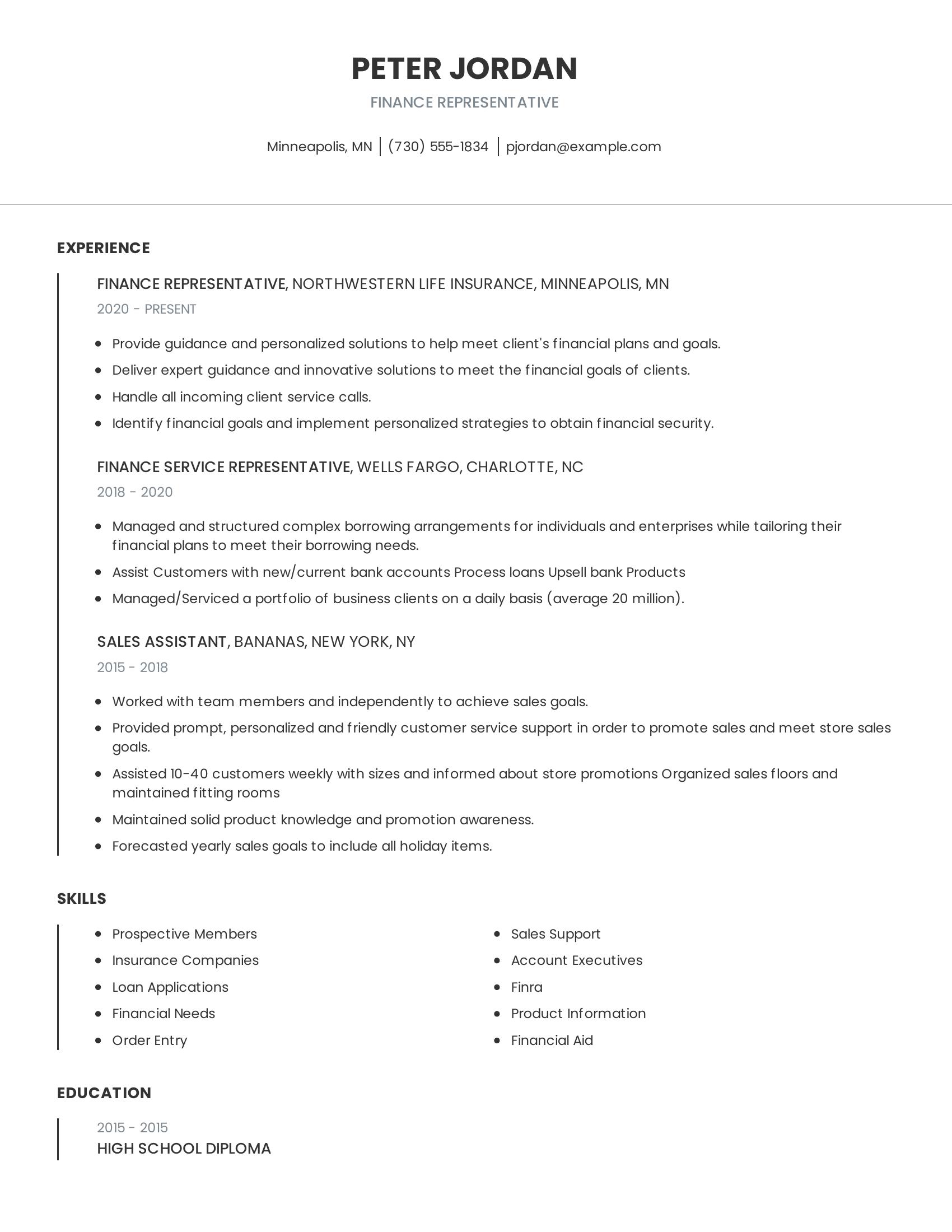 Finance Representative resume example