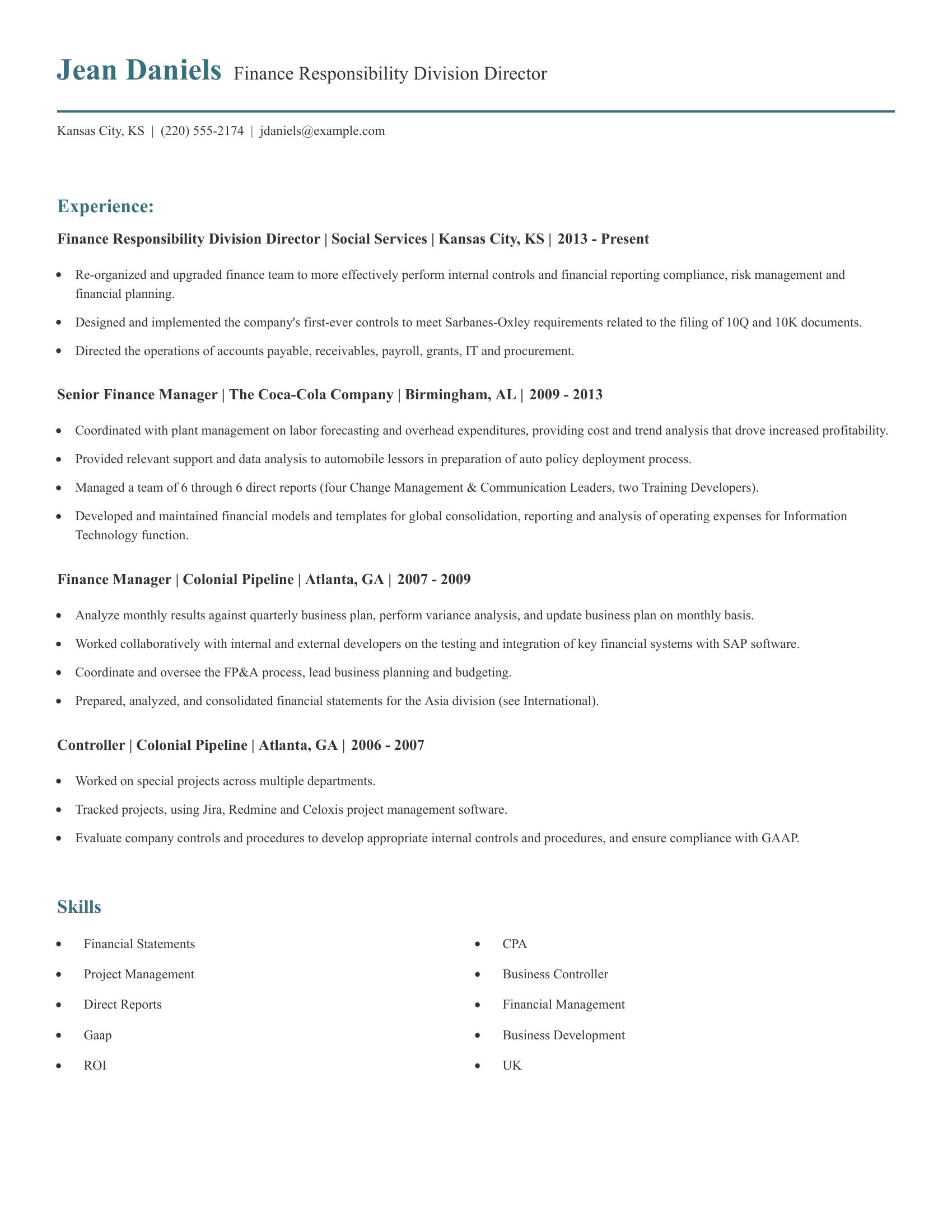 Finance Responsibility Division Director resume example