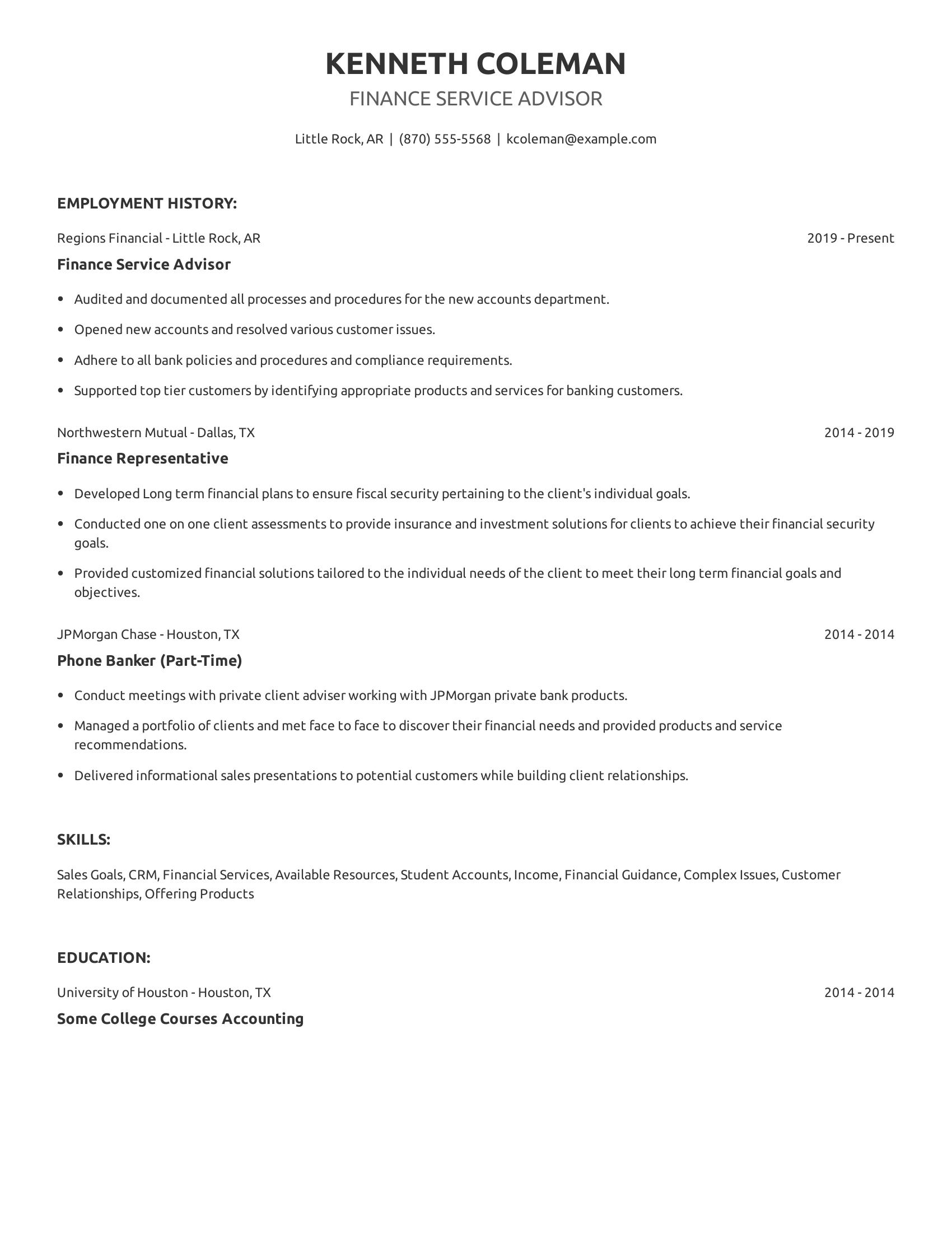 Finance Service Advisor resume example