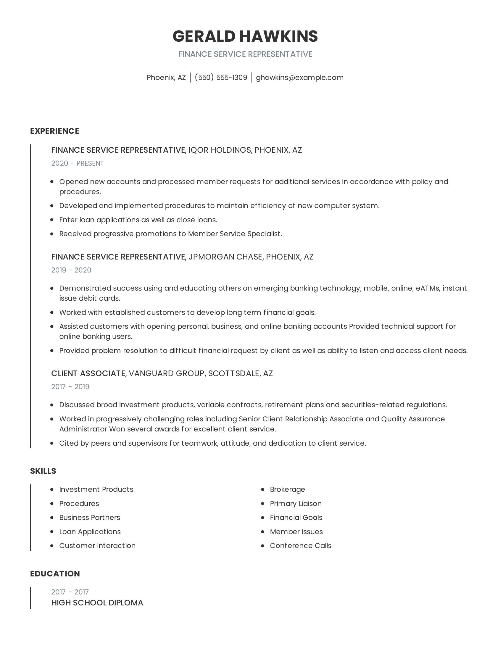 Finance Service Representative resume example