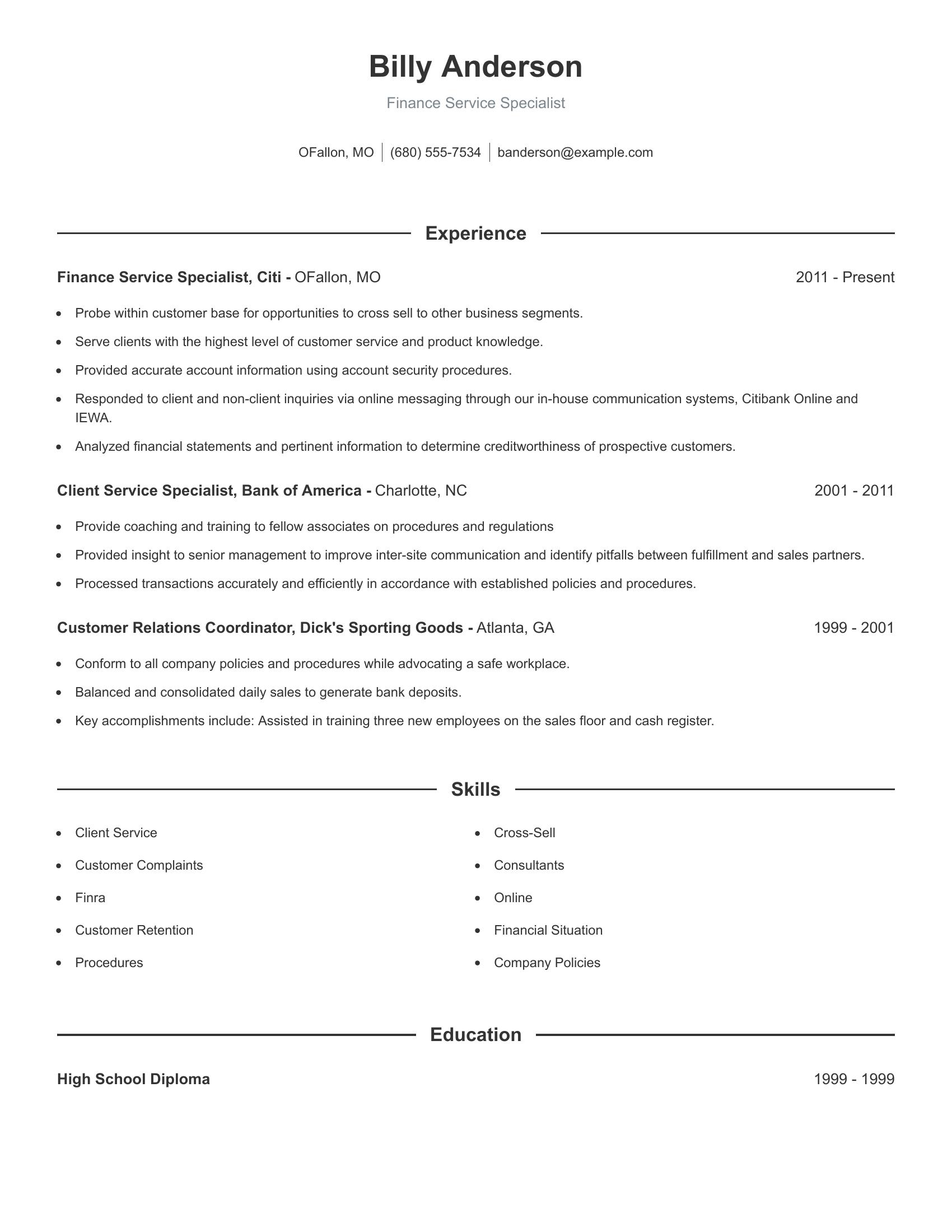 Finance Service Specialist resume example