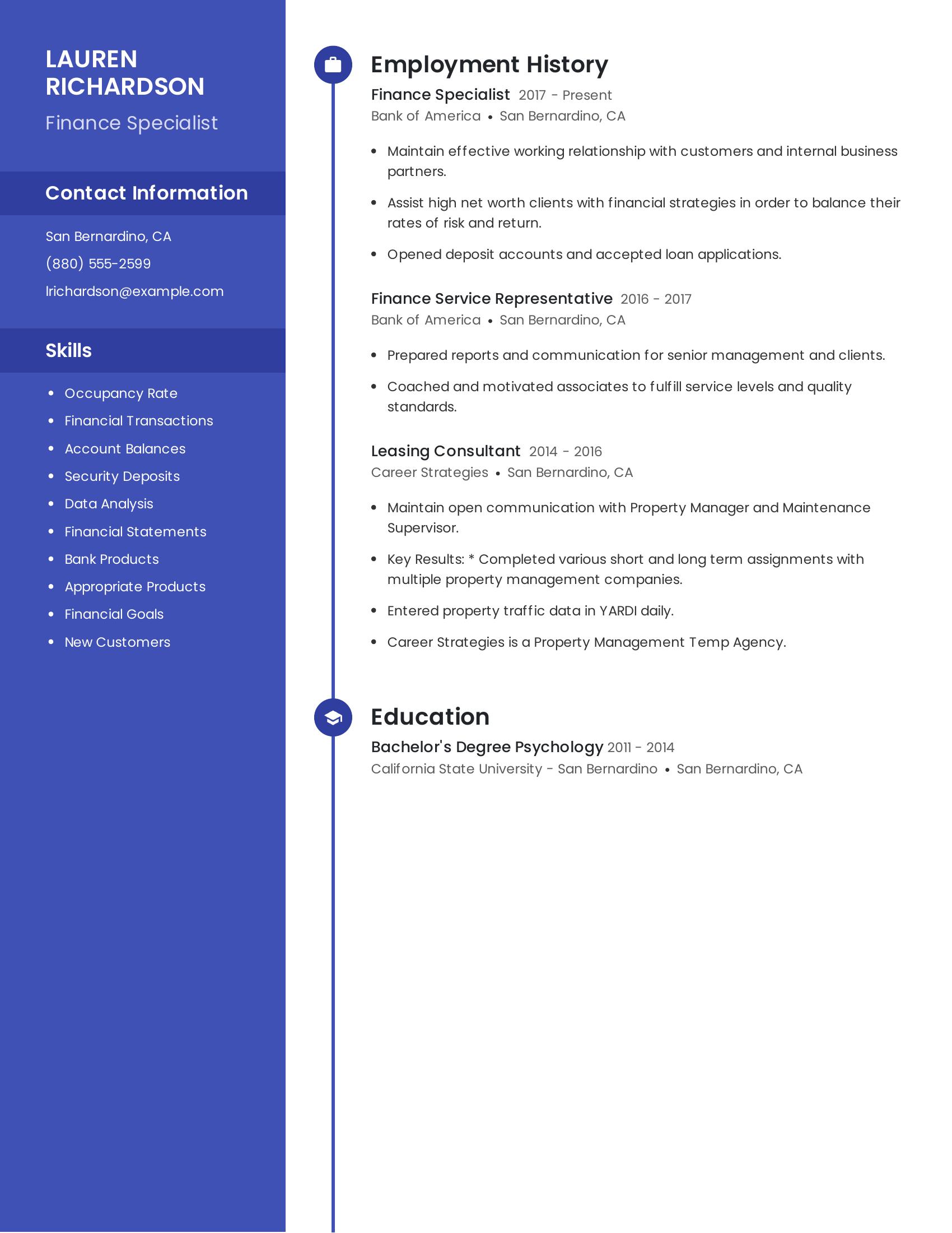 Finance Specialist resume example