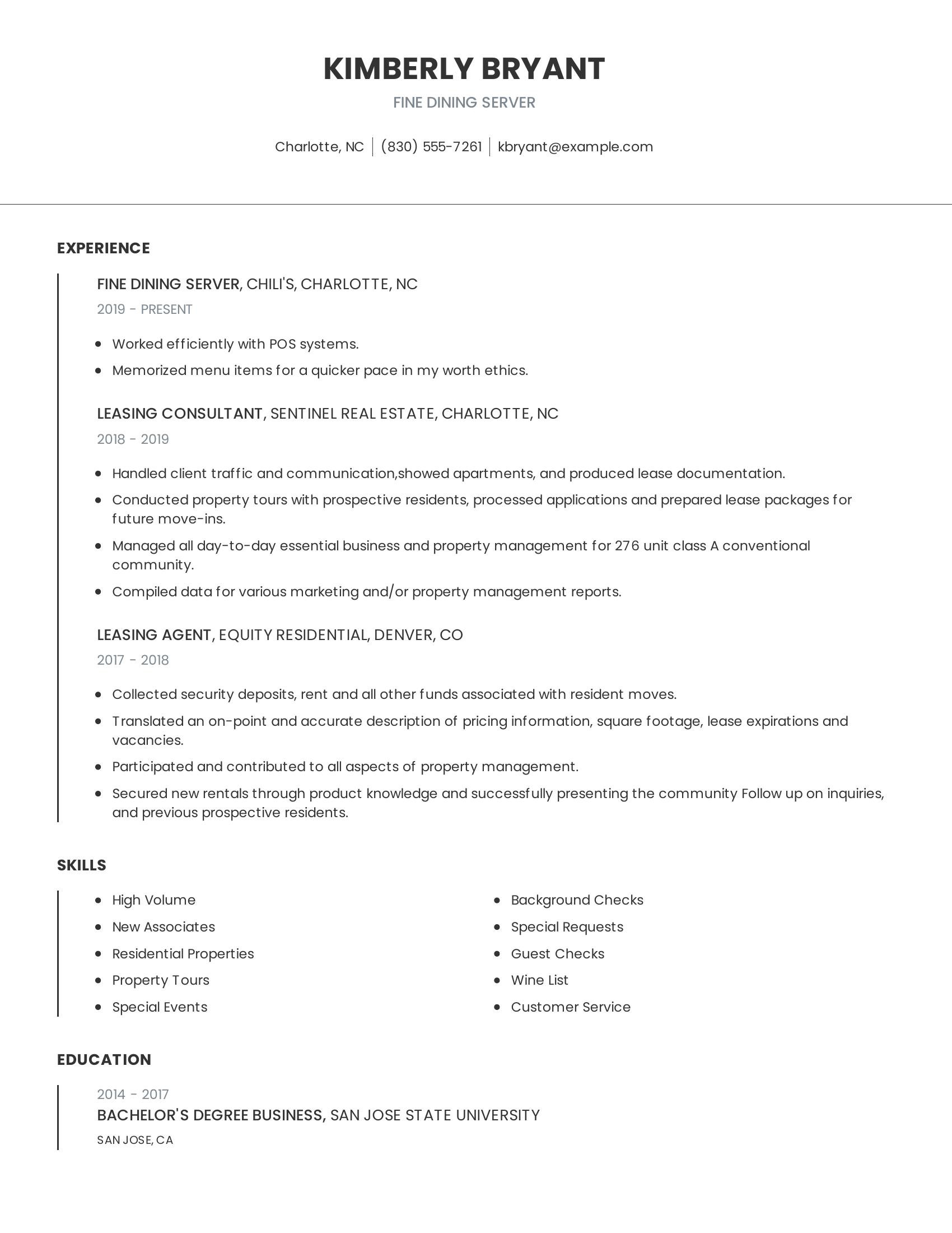 Fine Dining Server resume example