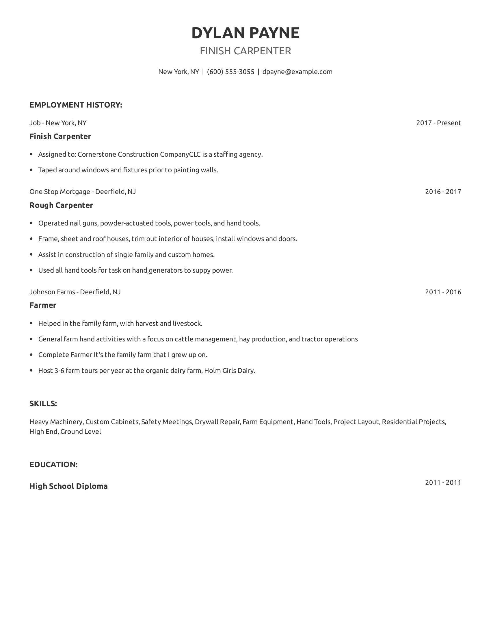 Finish Carpenter resume example