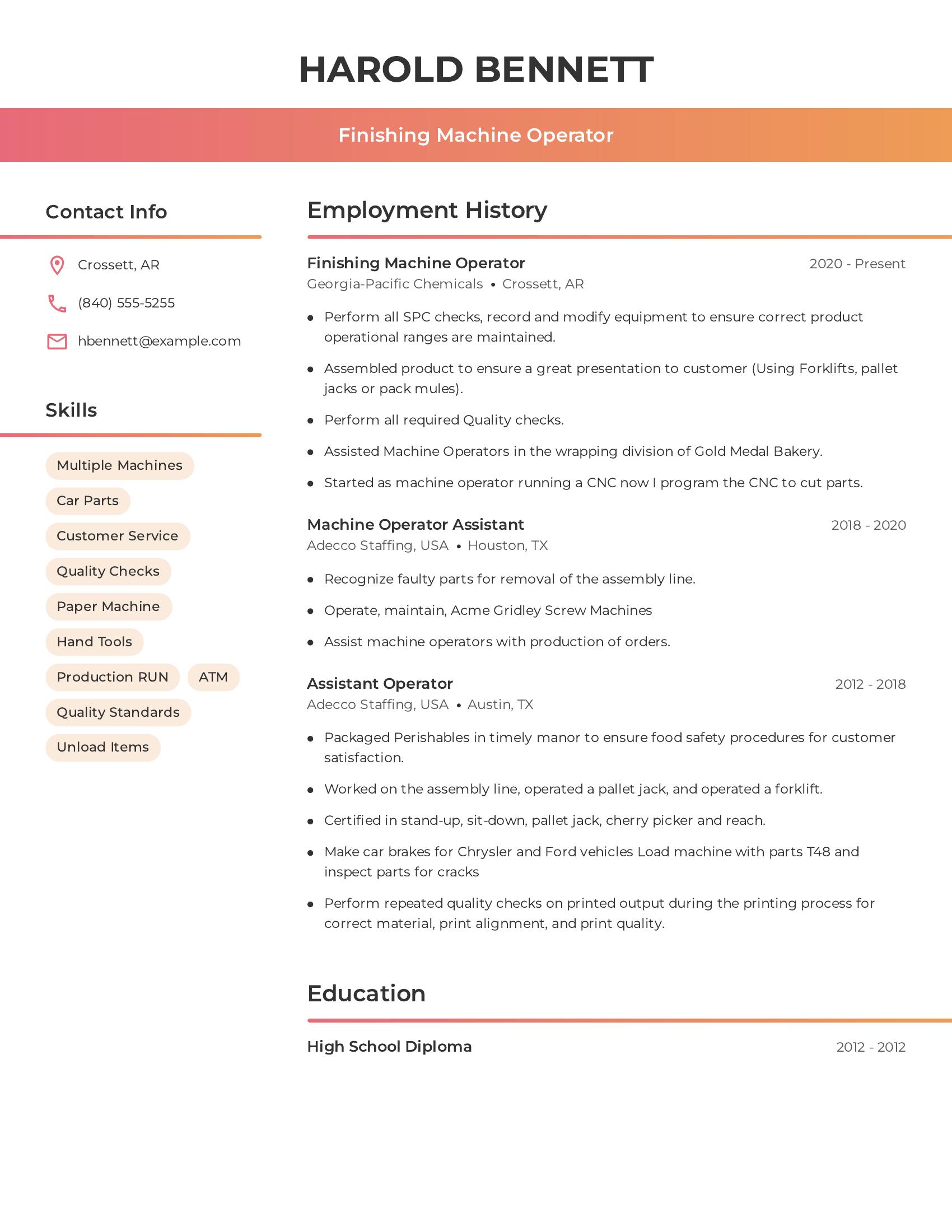 Finishing Machine Operator resume example