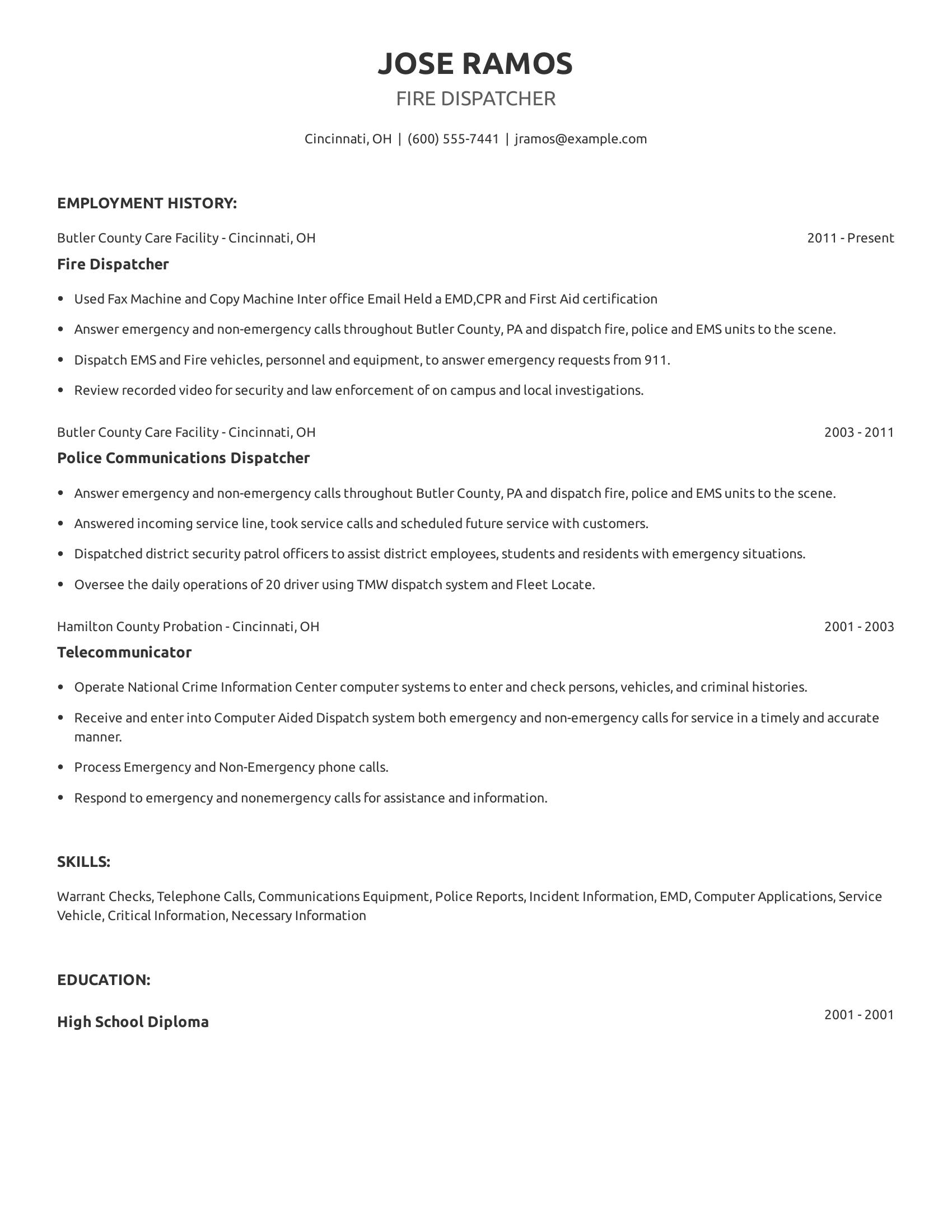 Fire Dispatcher resume example