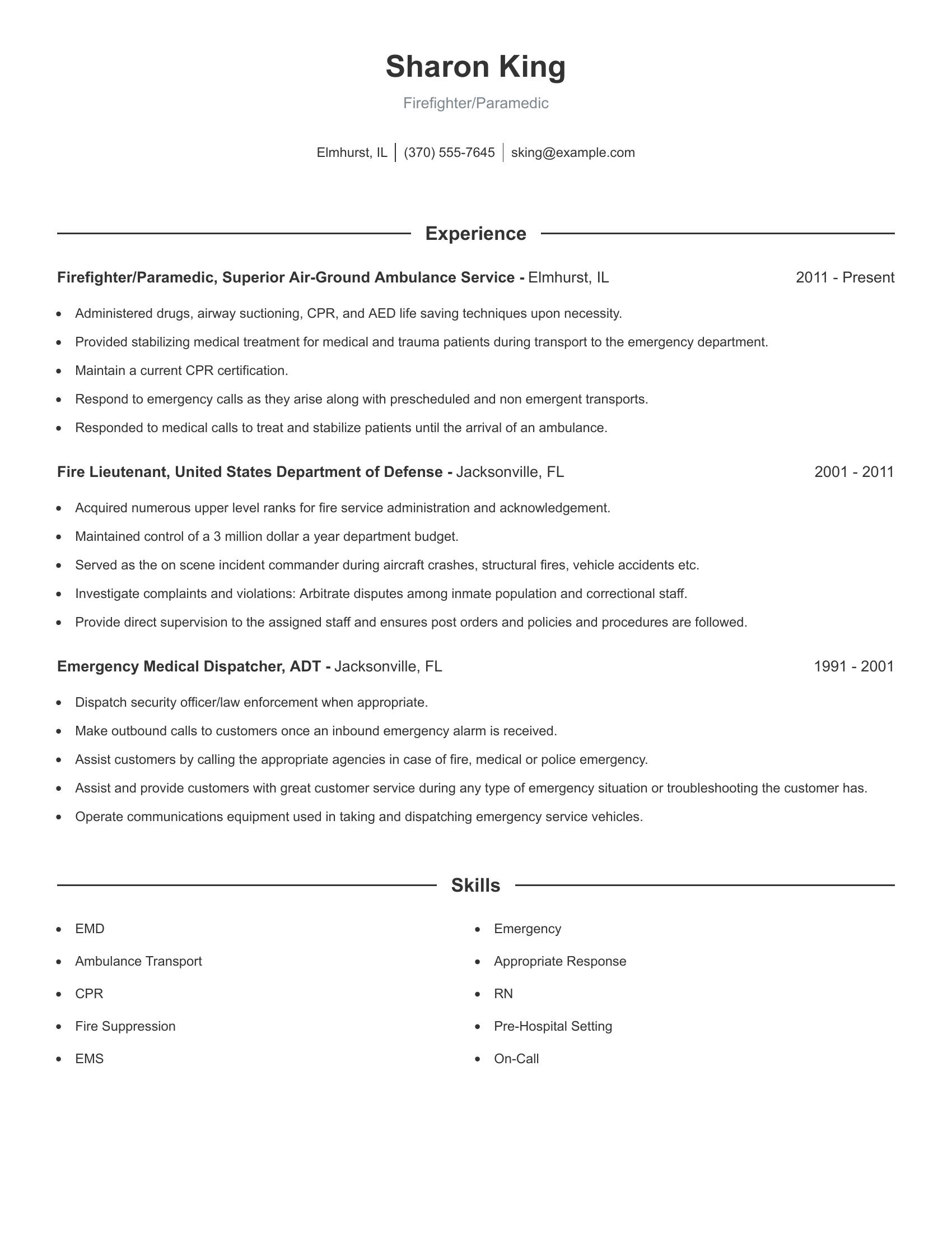 Firefighter/Paramedic resume example