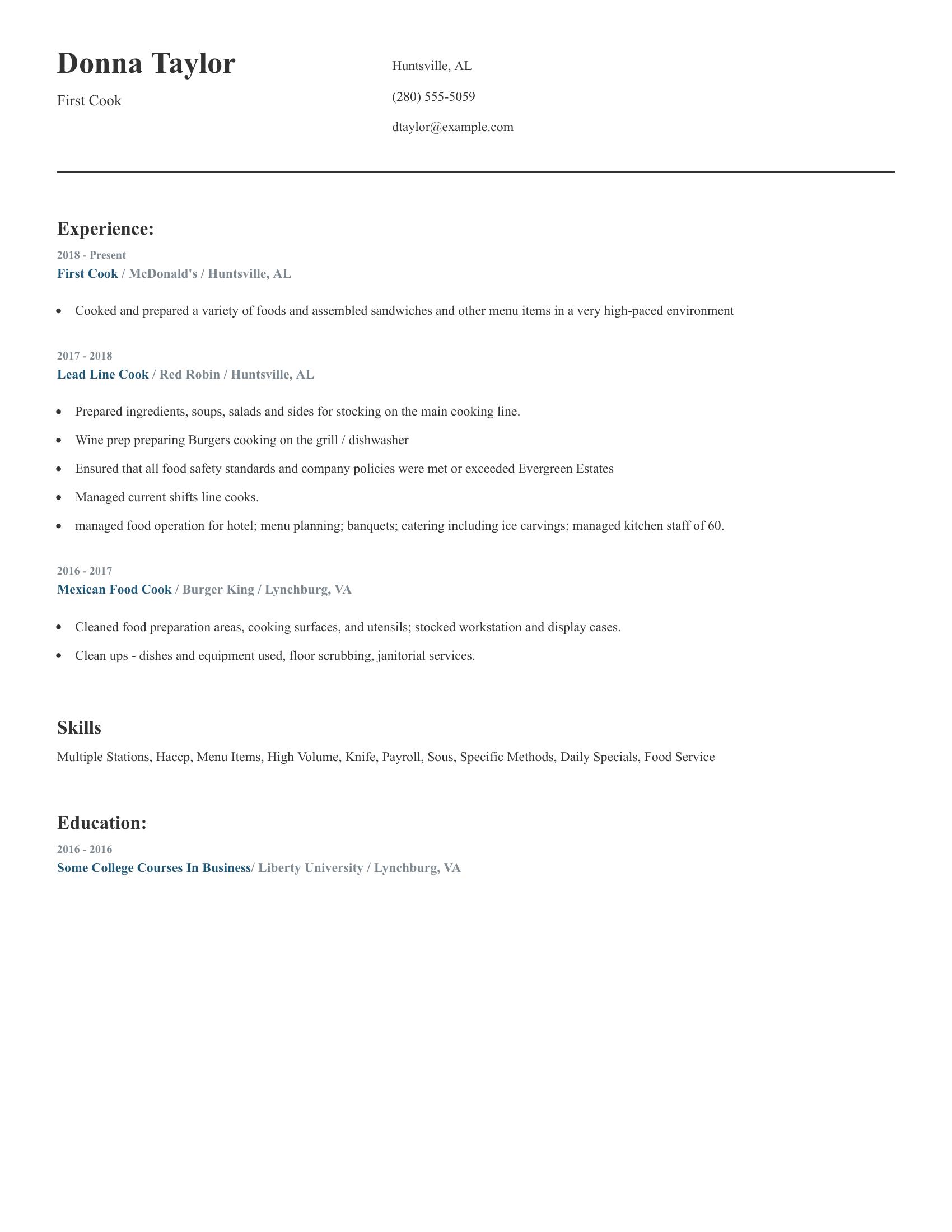 First Cook resume example