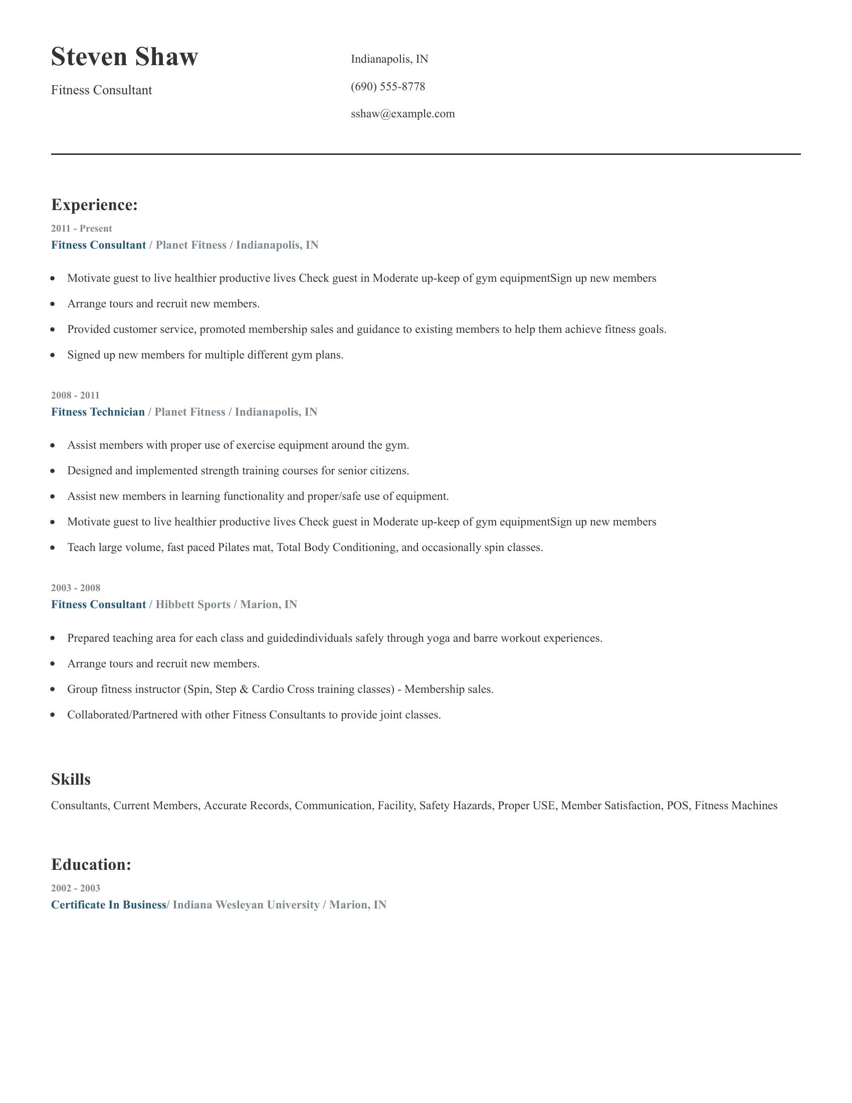 Fitness Consultant resume example