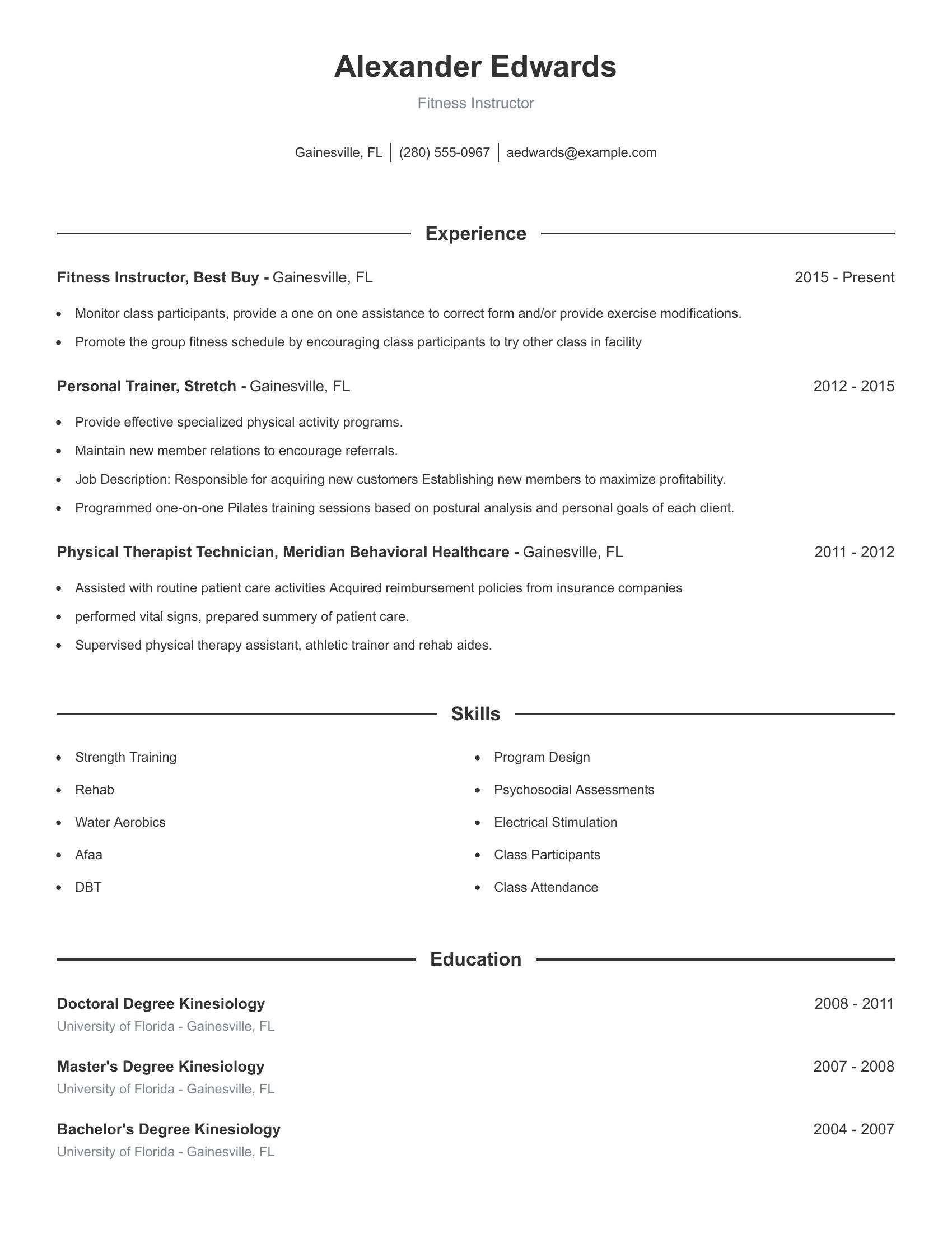 Fitness Instructor resume example