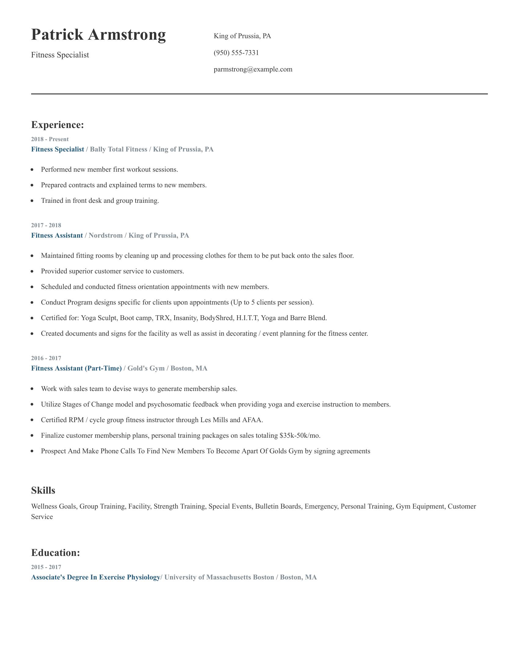 Fitness Specialist resume example