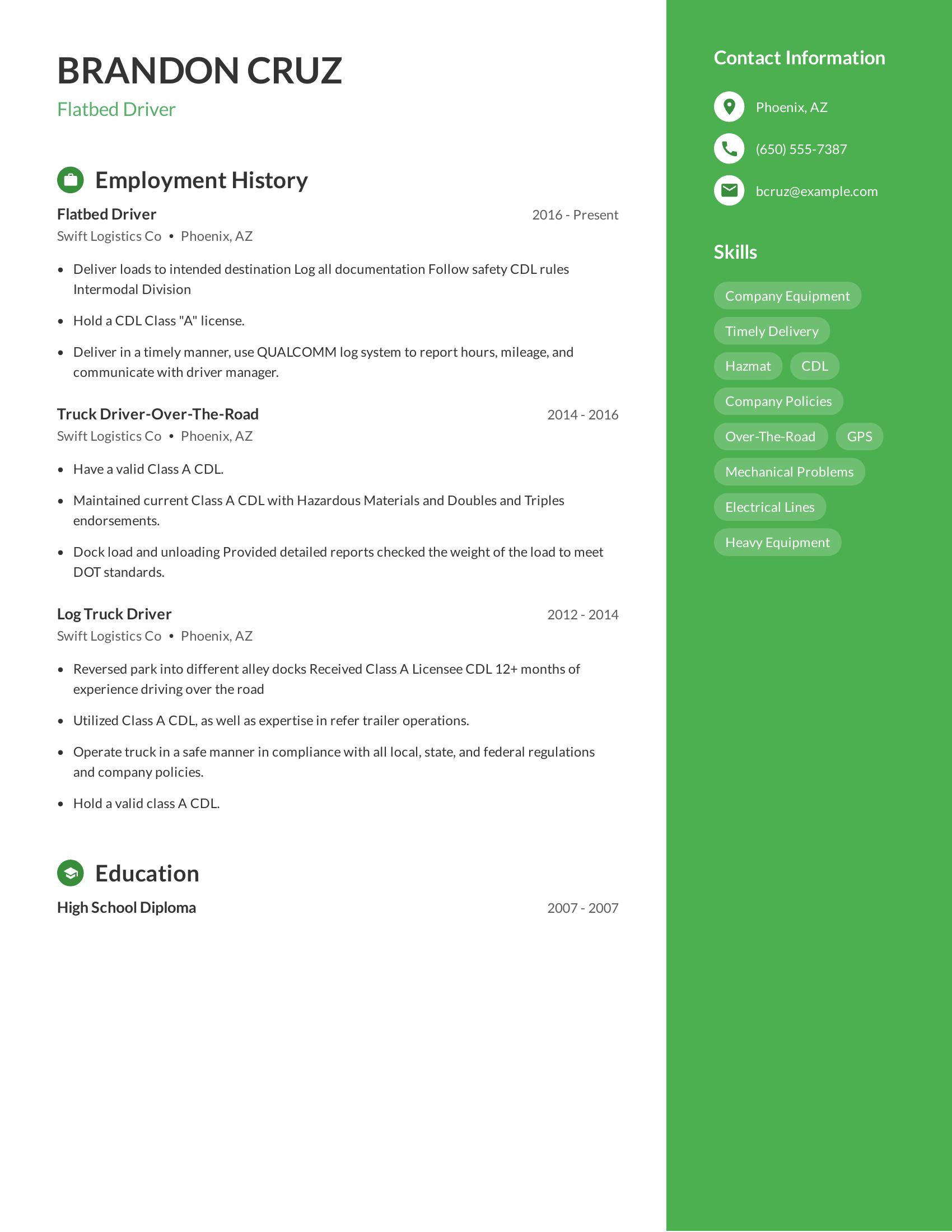 Flatbed Driver resume example