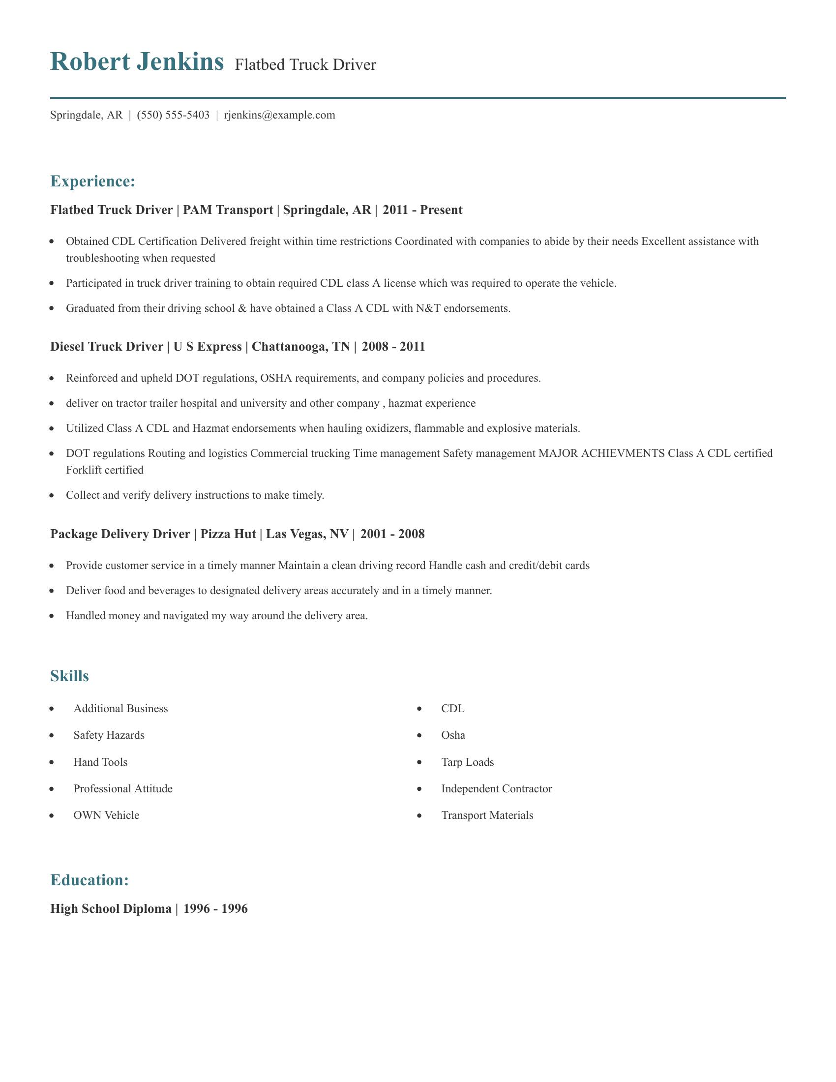 Flatbed Truck Driver resume example