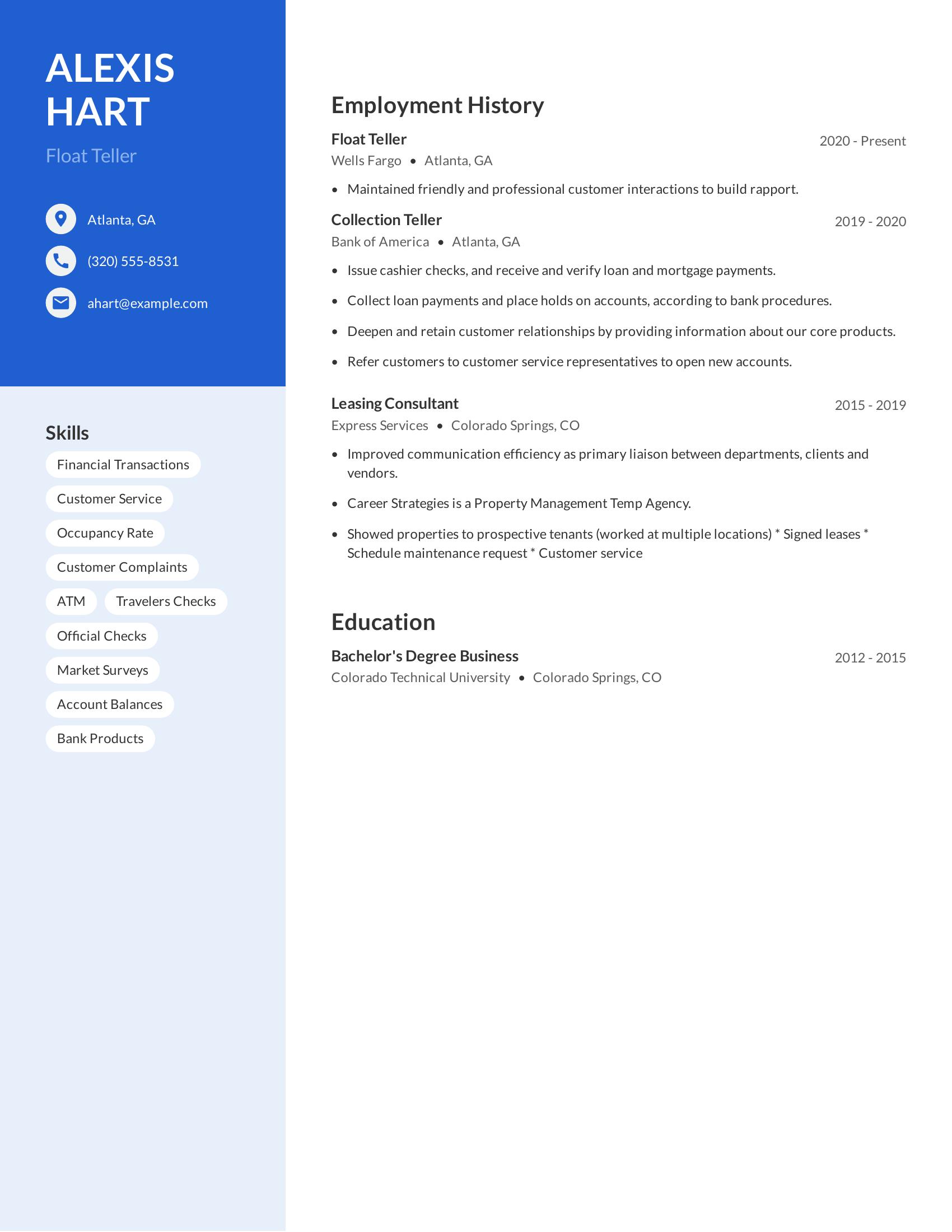 Float Teller resume example