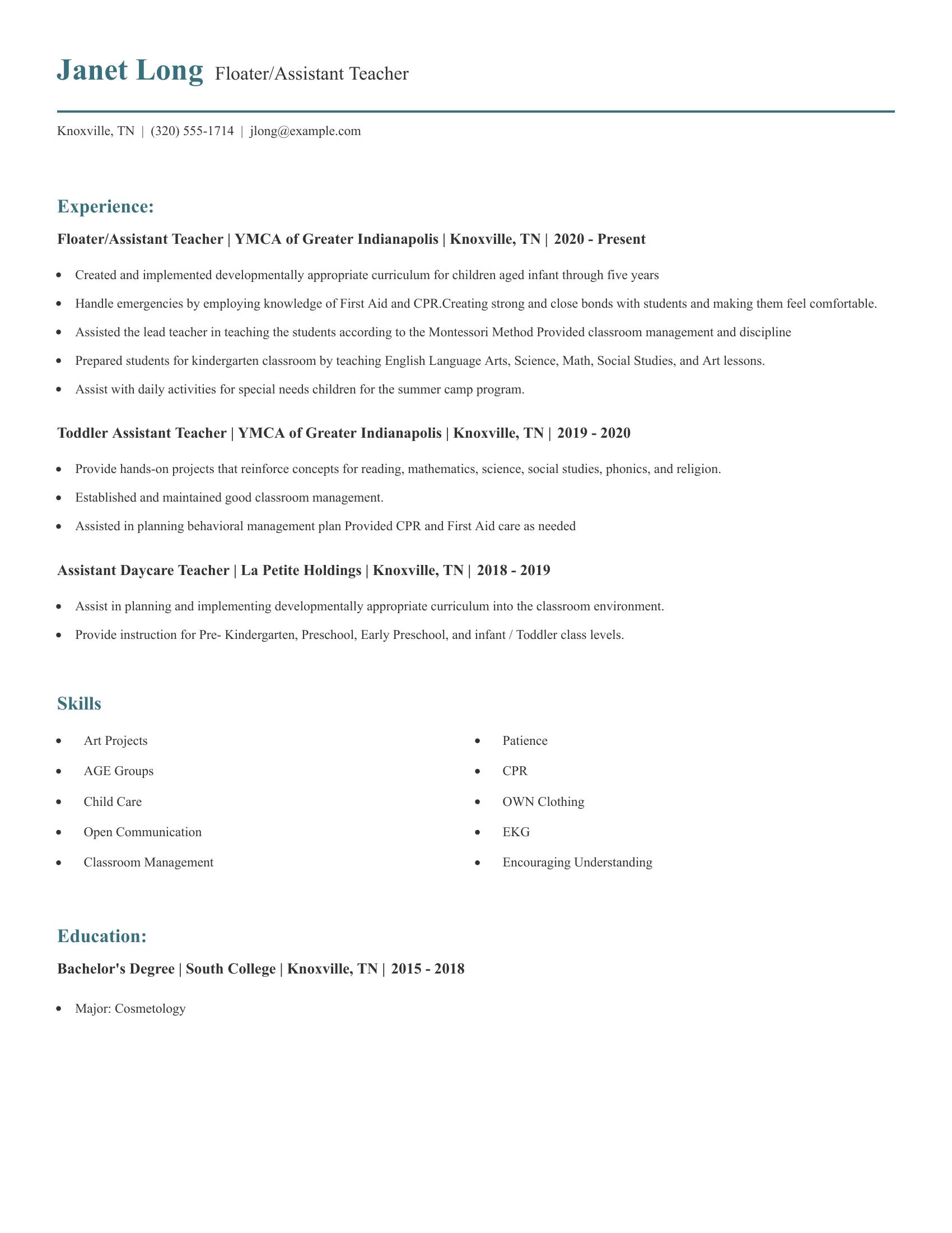 Floater/Assistant Teacher resume example