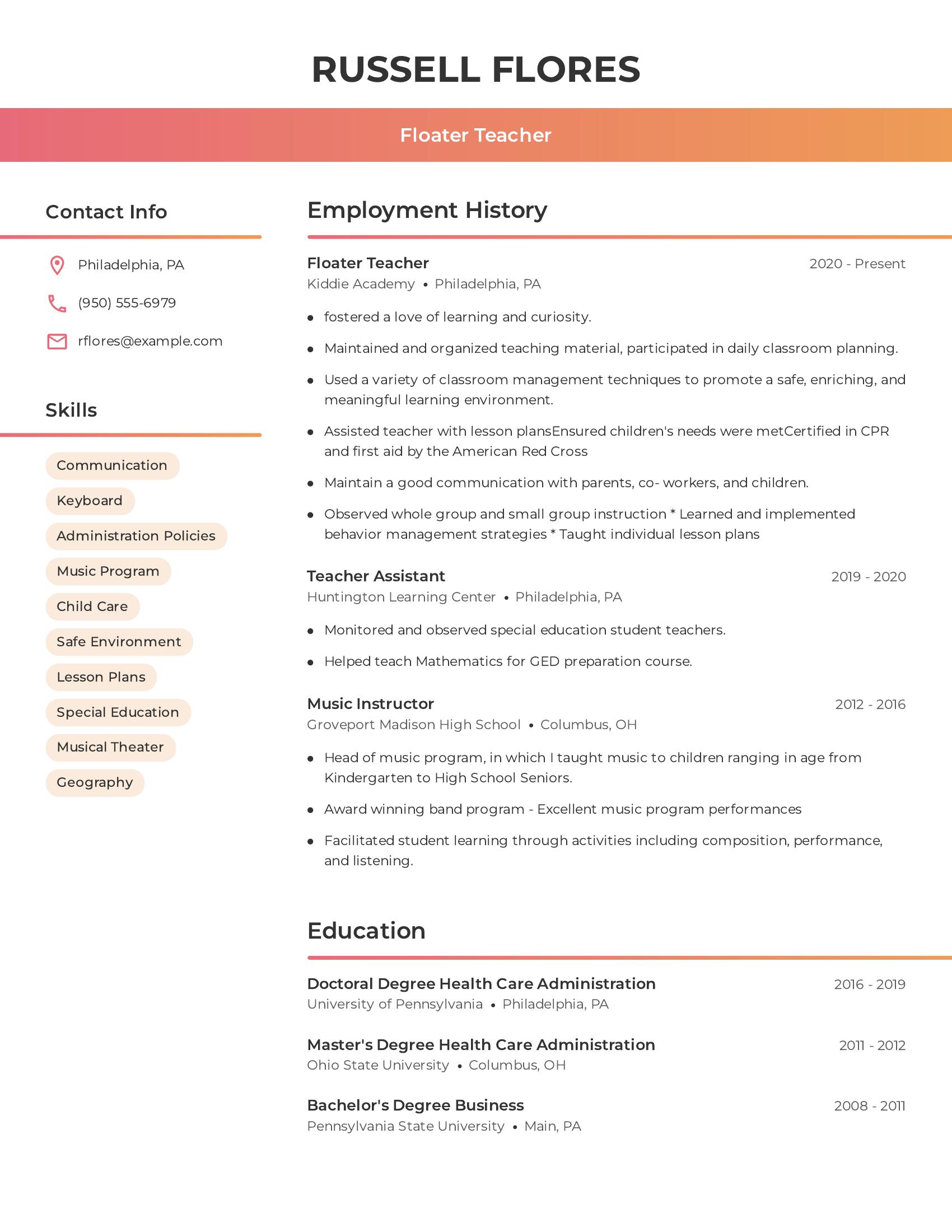 Floater Teacher resume example