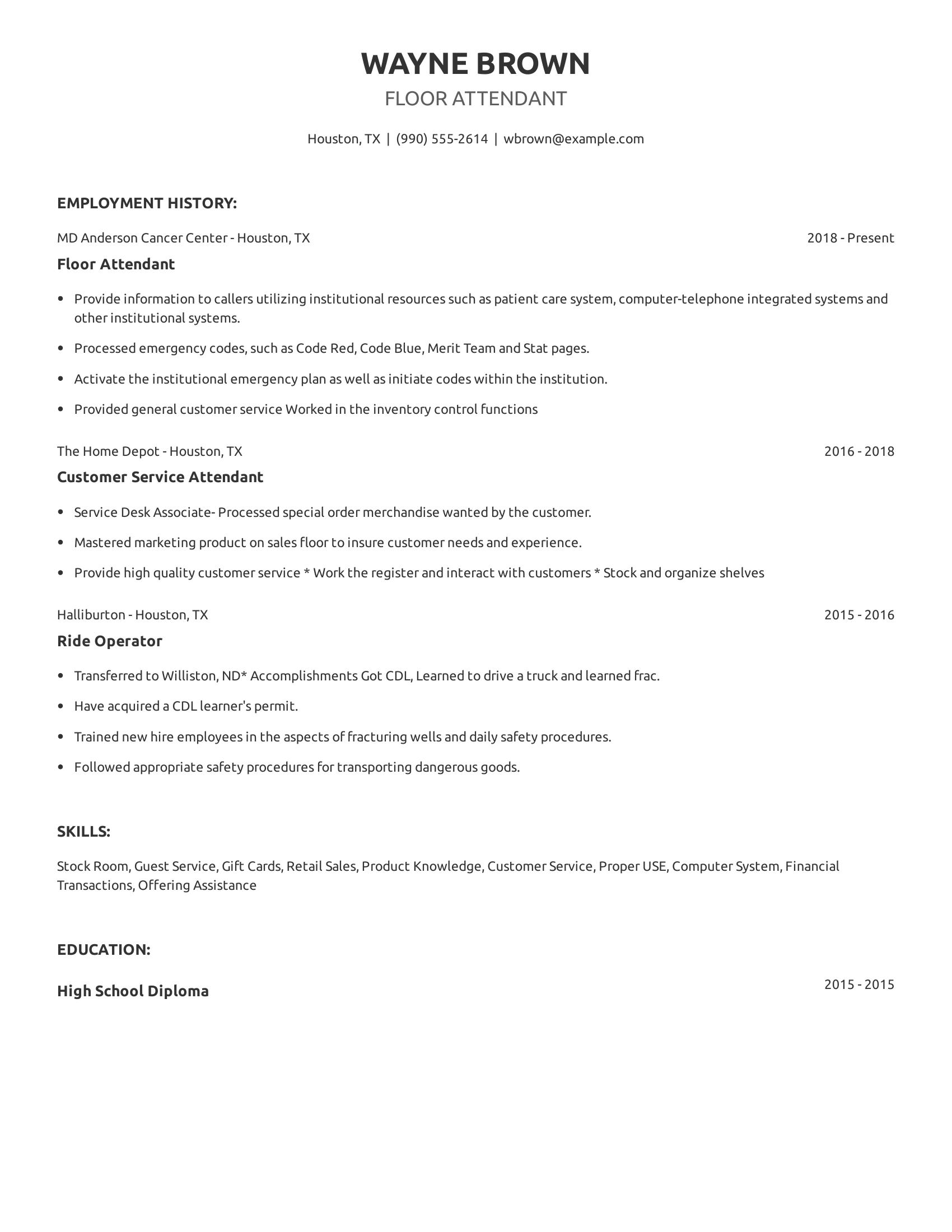 Floor Attendant resume example