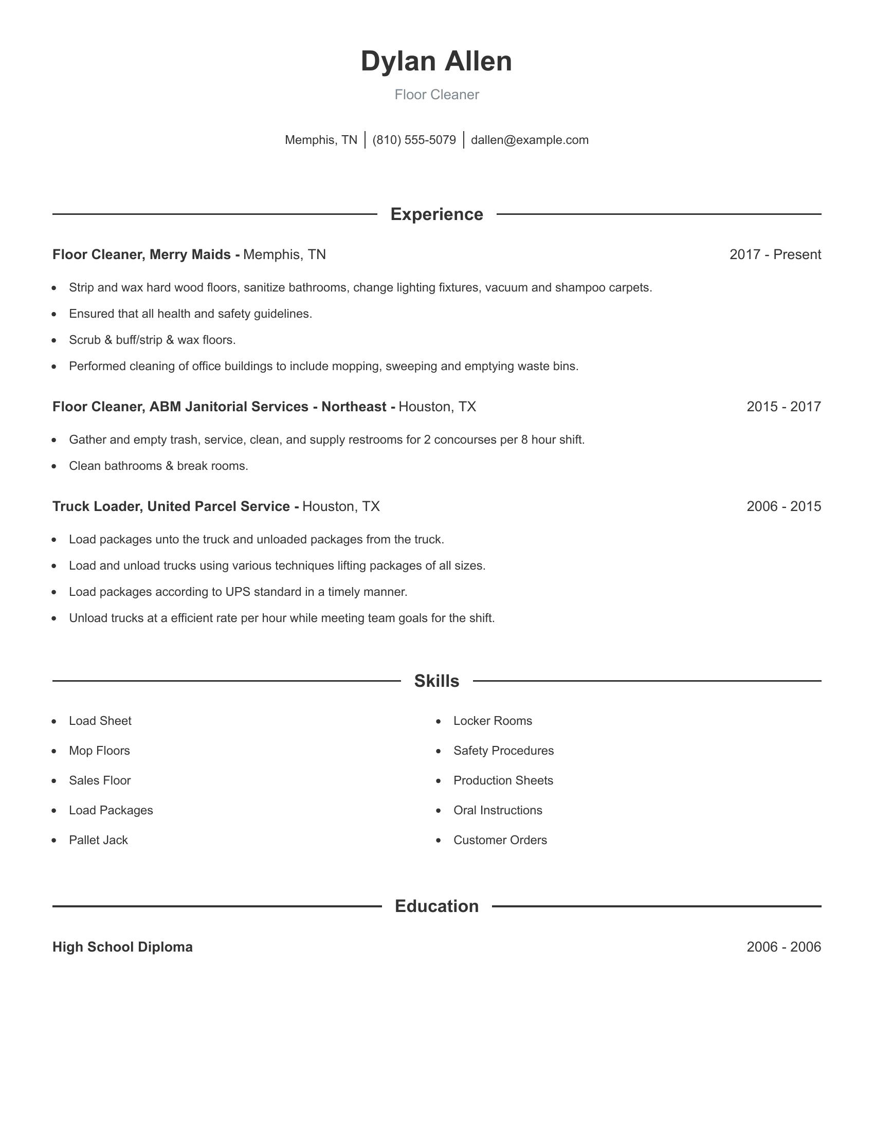 Floor Cleaner resume example