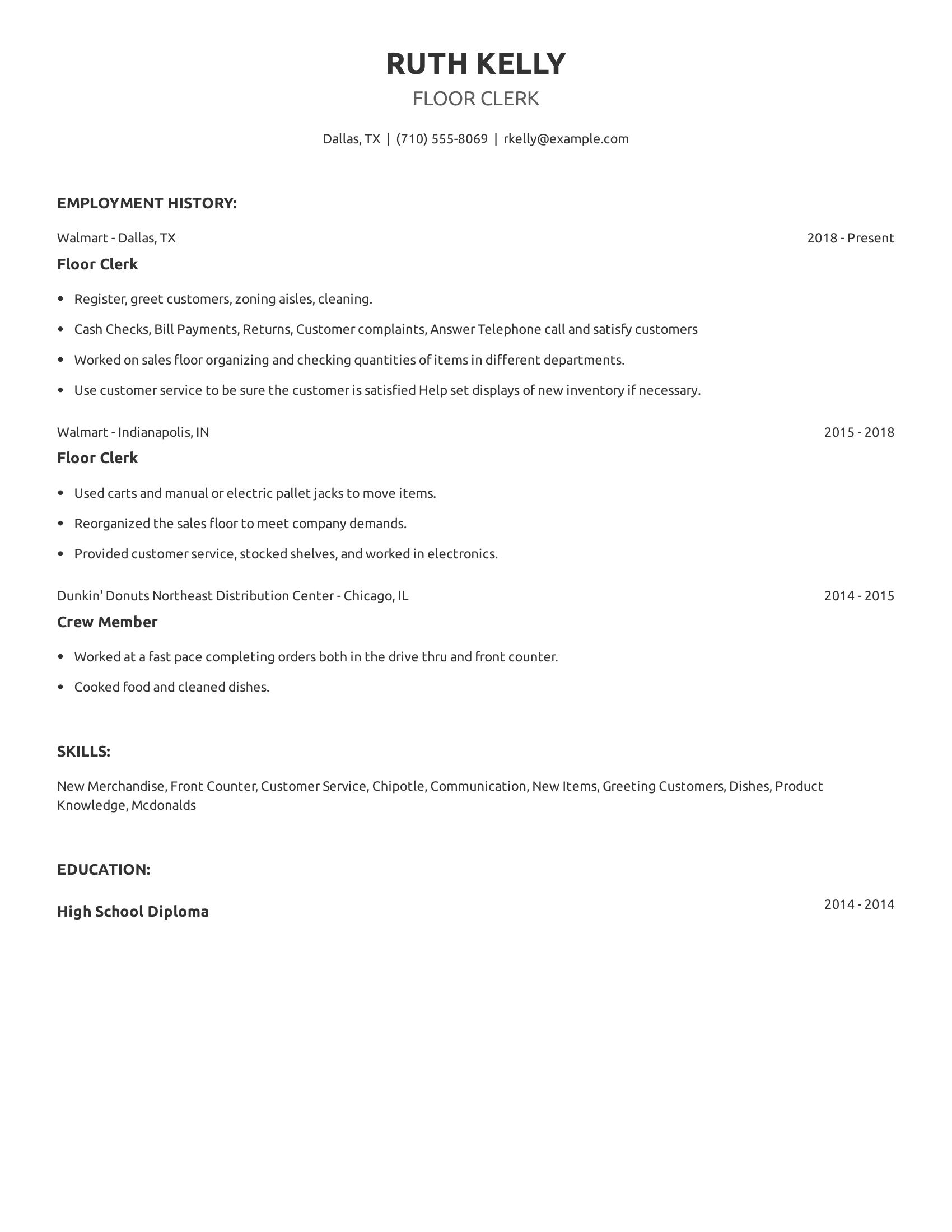 Floor Clerk resume example