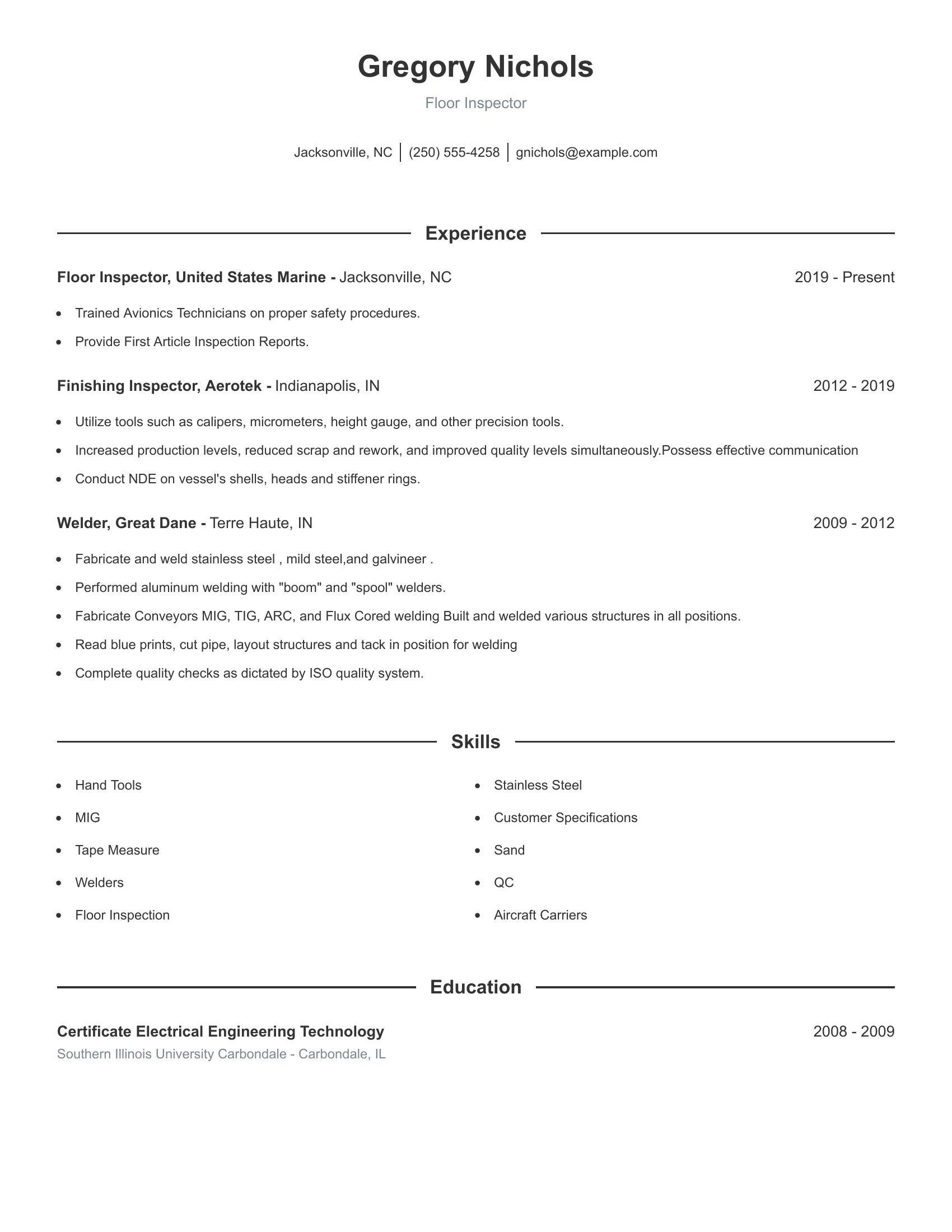 Floor Inspector resume example