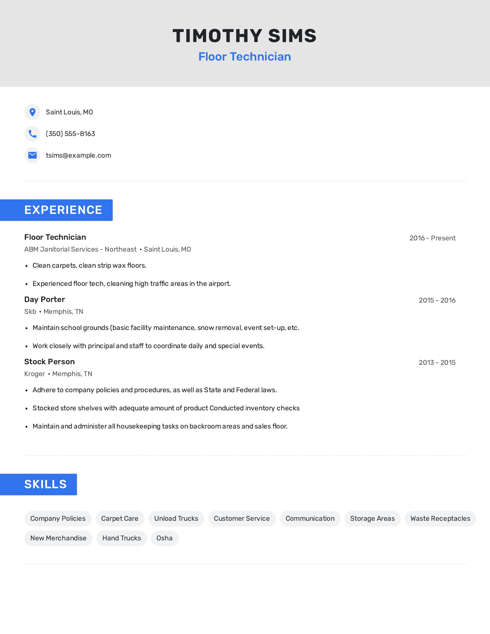 Floor Technician resume example