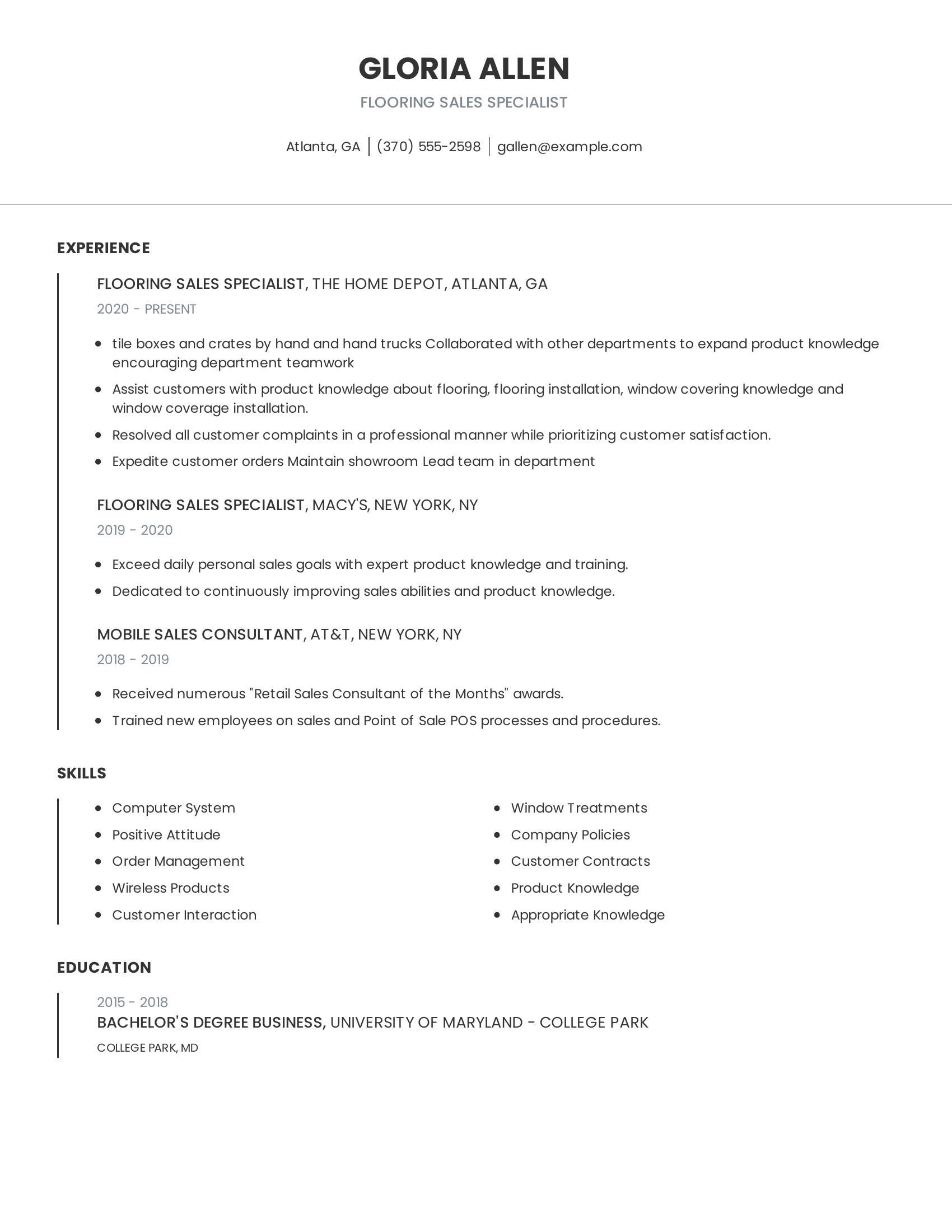 Flooring Sales Specialist resume example