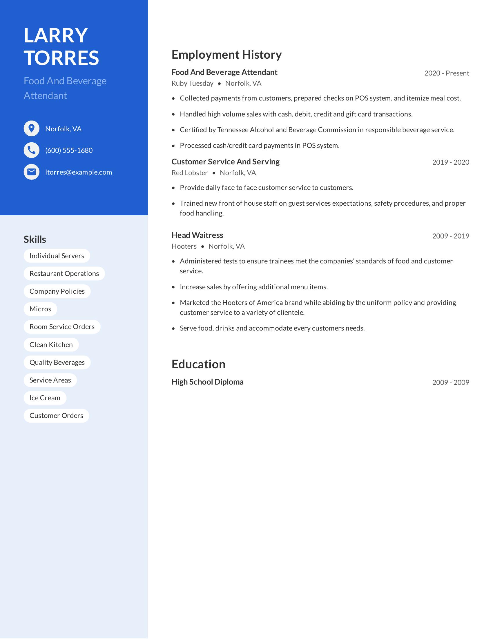 Food And Beverage Attendant resume example
