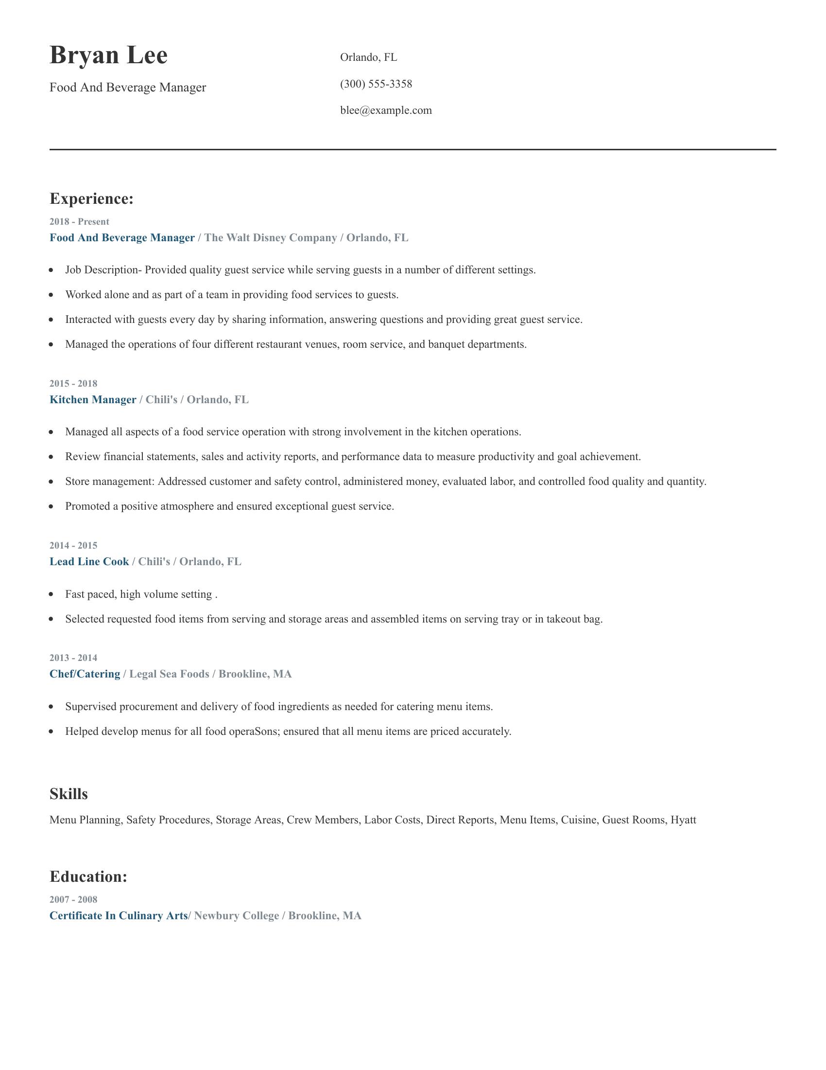 Food And Beverage Manager resume example