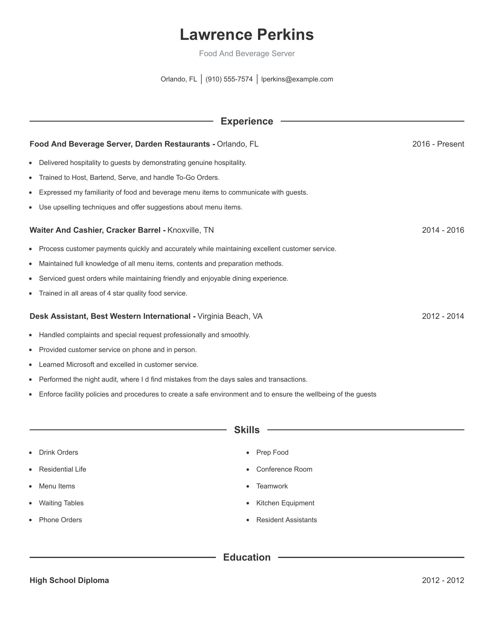 Food And Beverage Server resume example