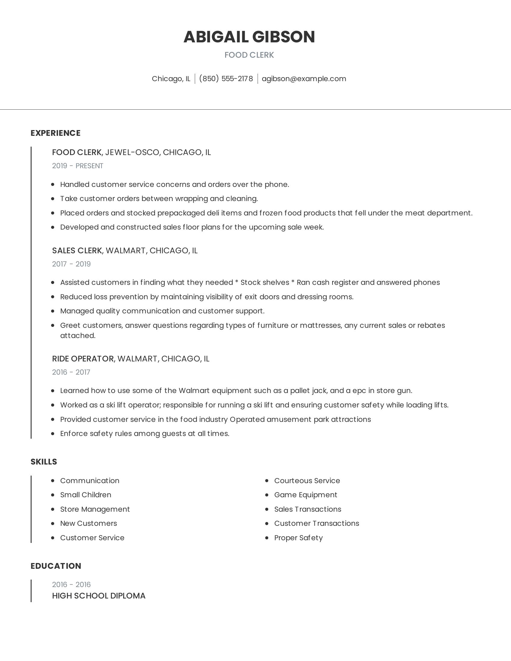 Food Clerk resume example