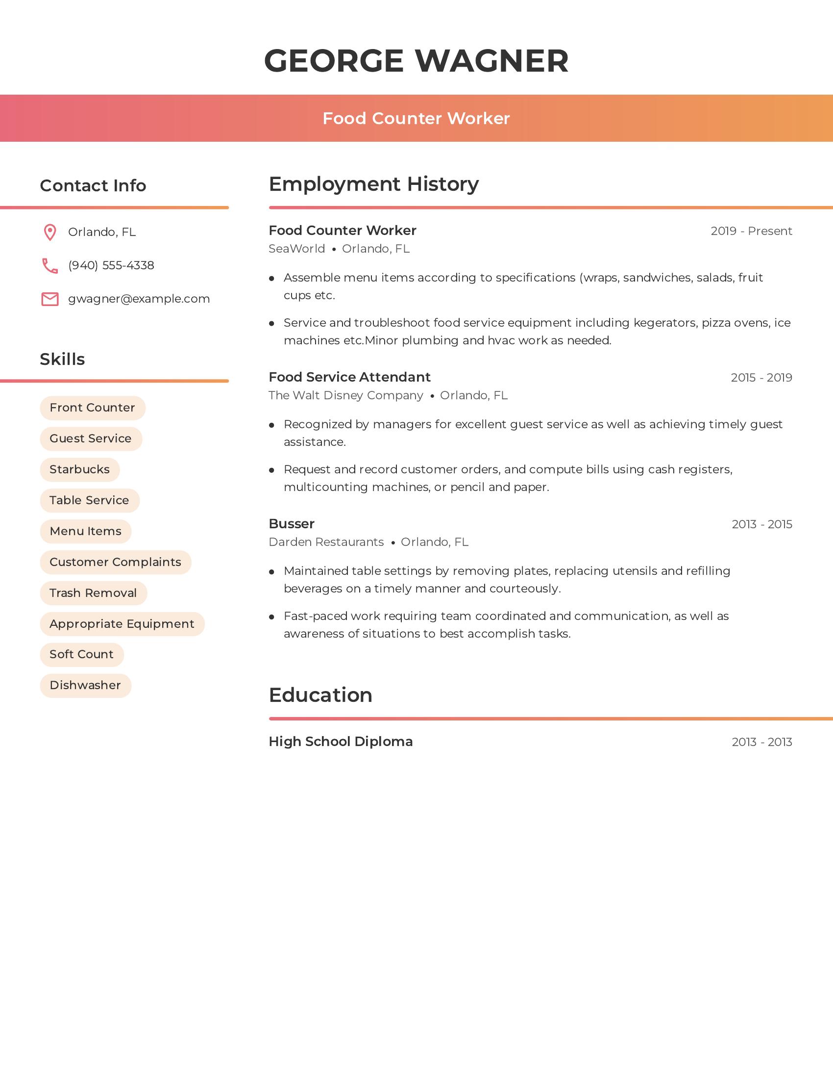 Food Counter Worker resume example