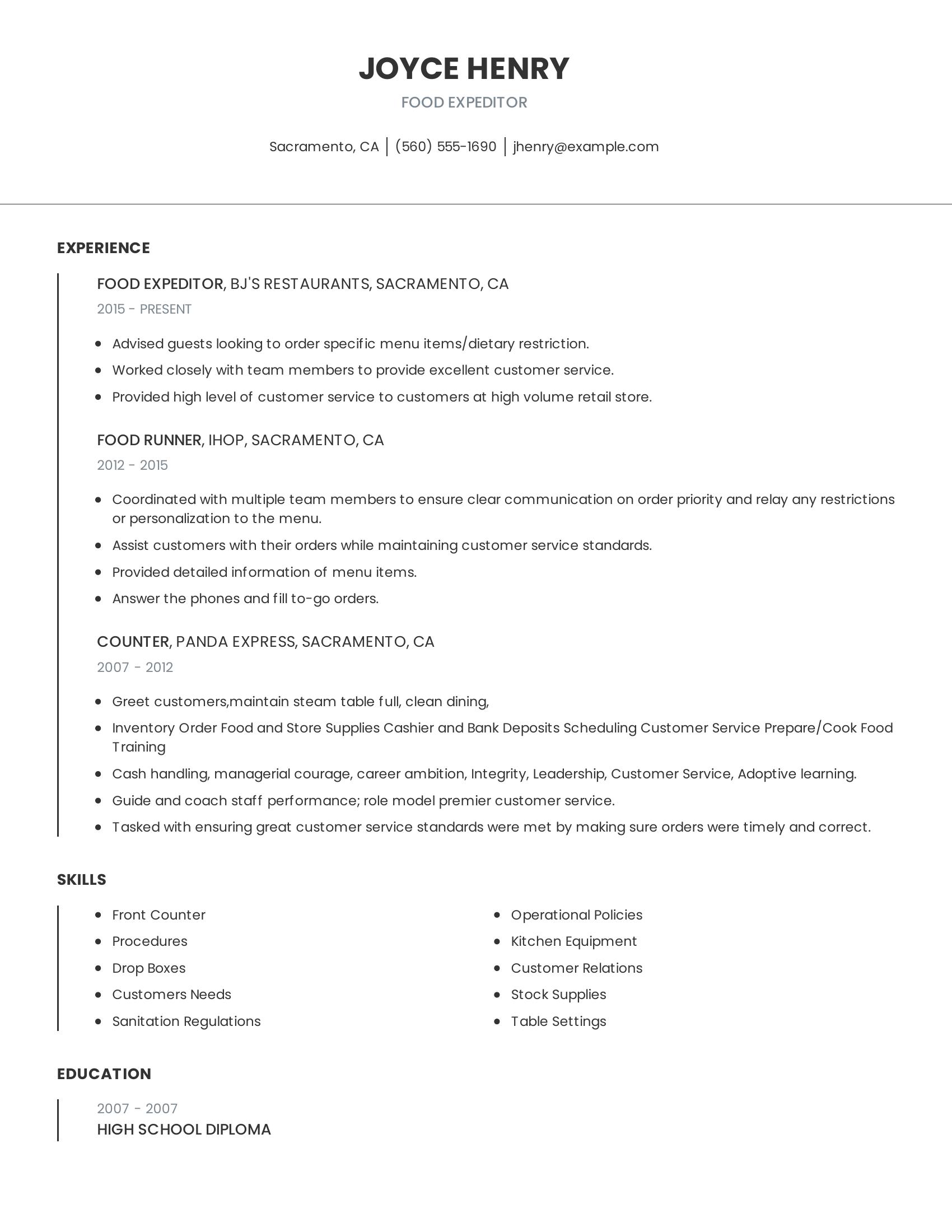 Food Expeditor resume example