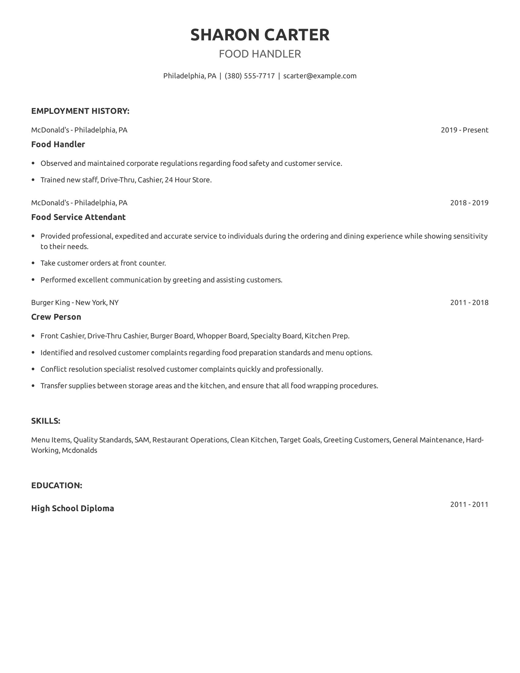 Food Handler resume example