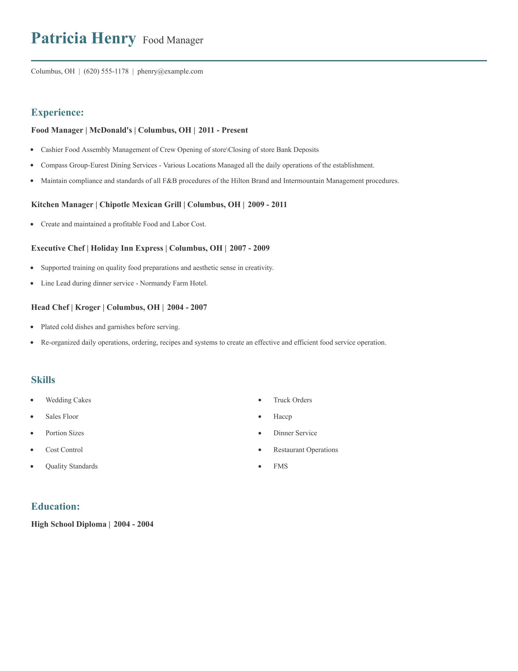 Food Manager resume example