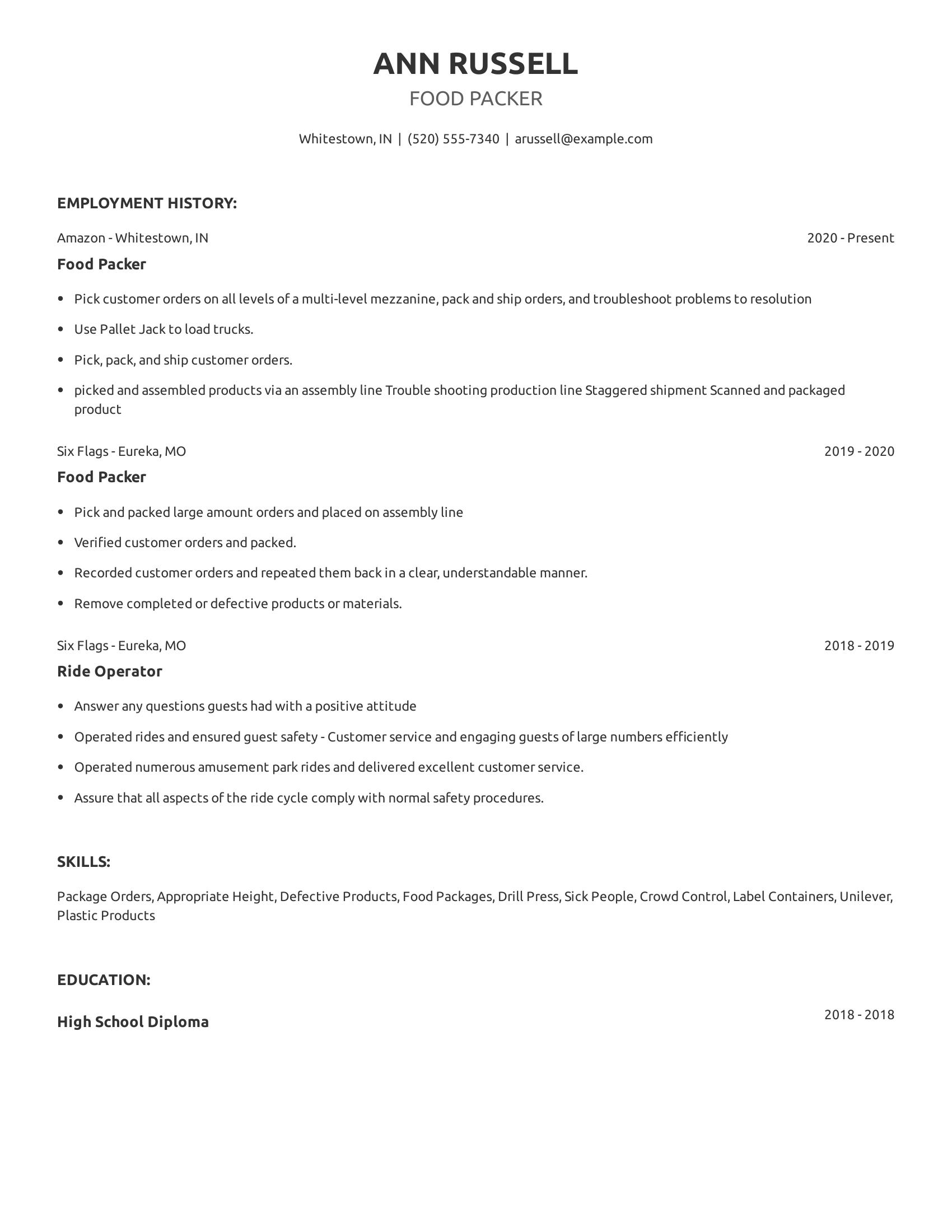 Food Packer resume example