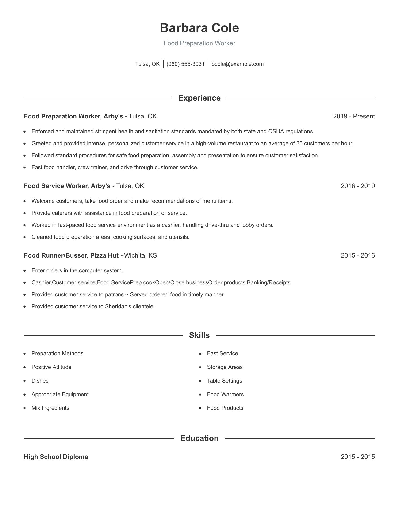 Food Preparation Worker resume example