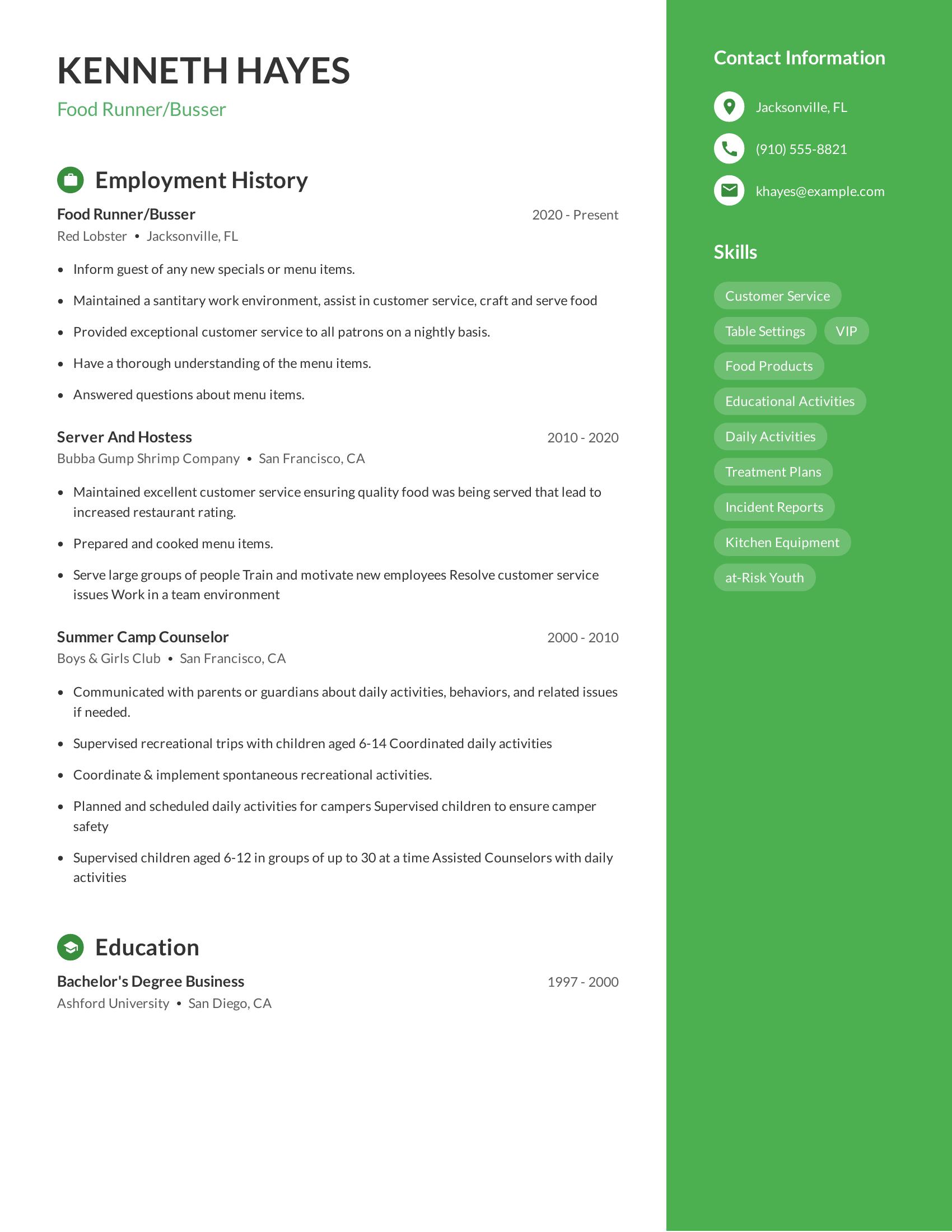 Food Runner/Busser resume example