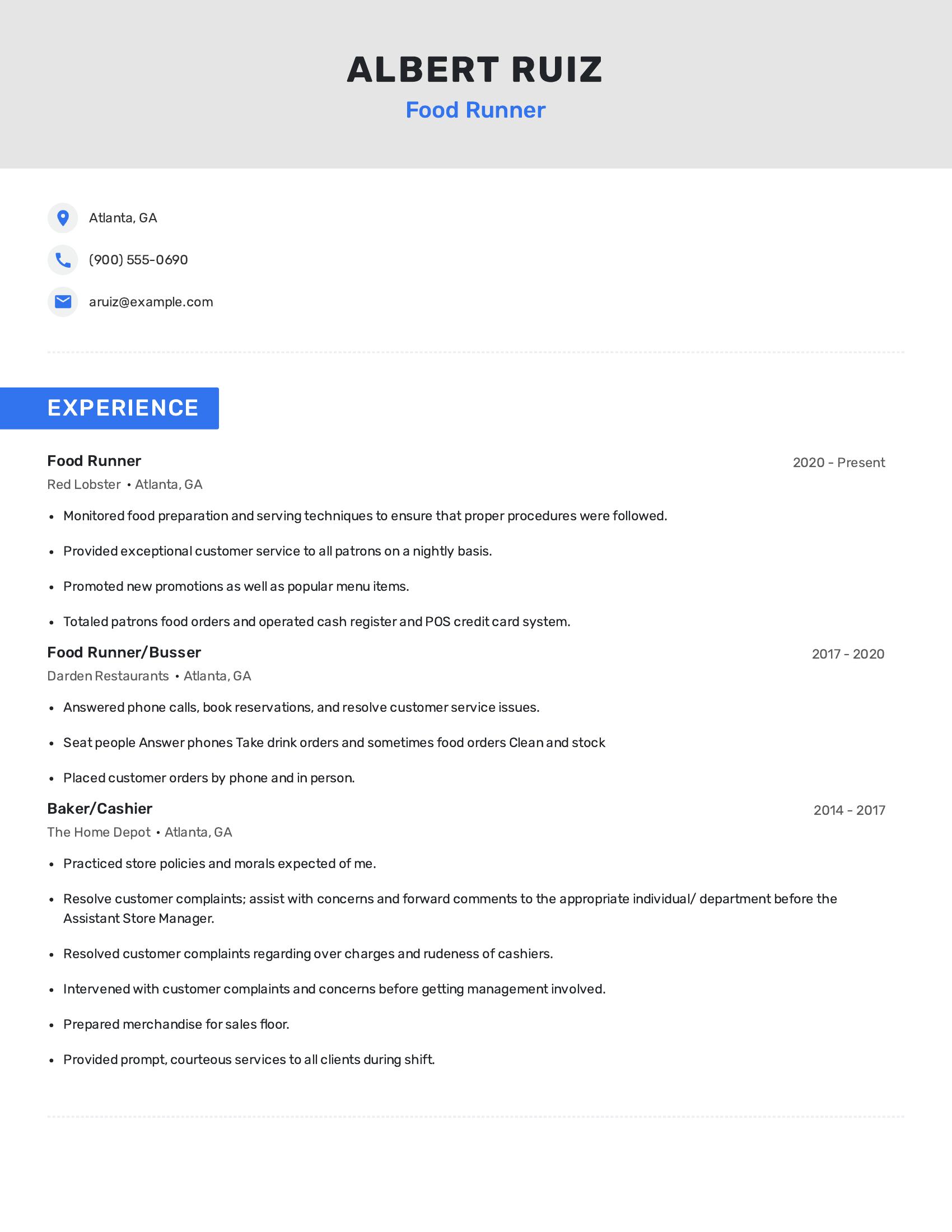 Food Runner resume example