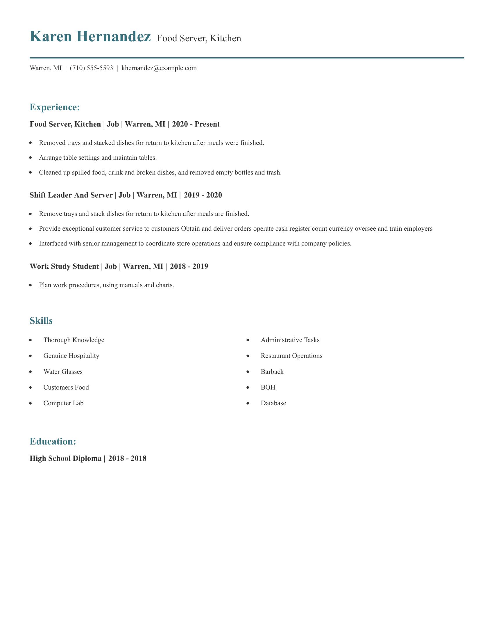 Food Server, Kitchen resume example