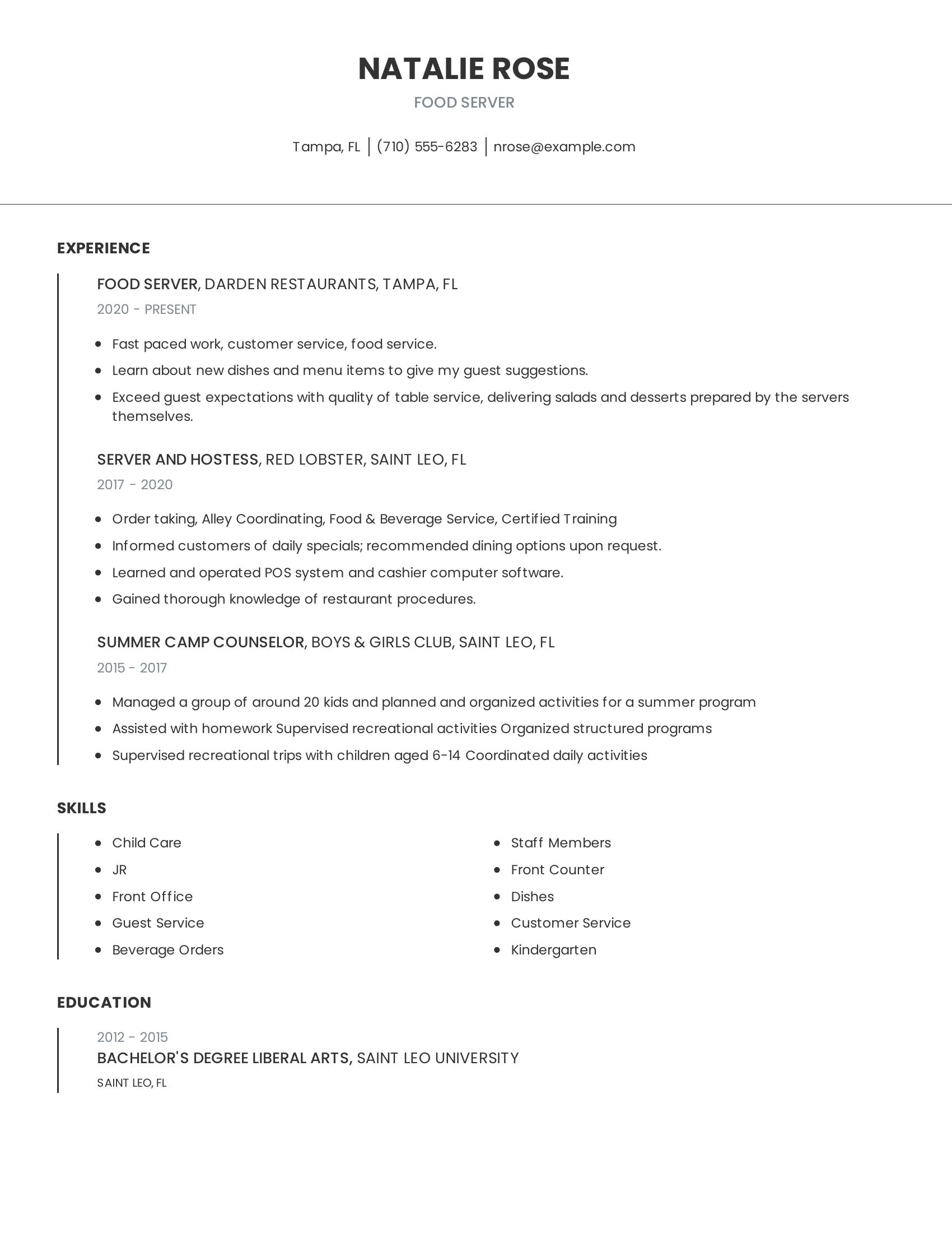 Food Server resume example